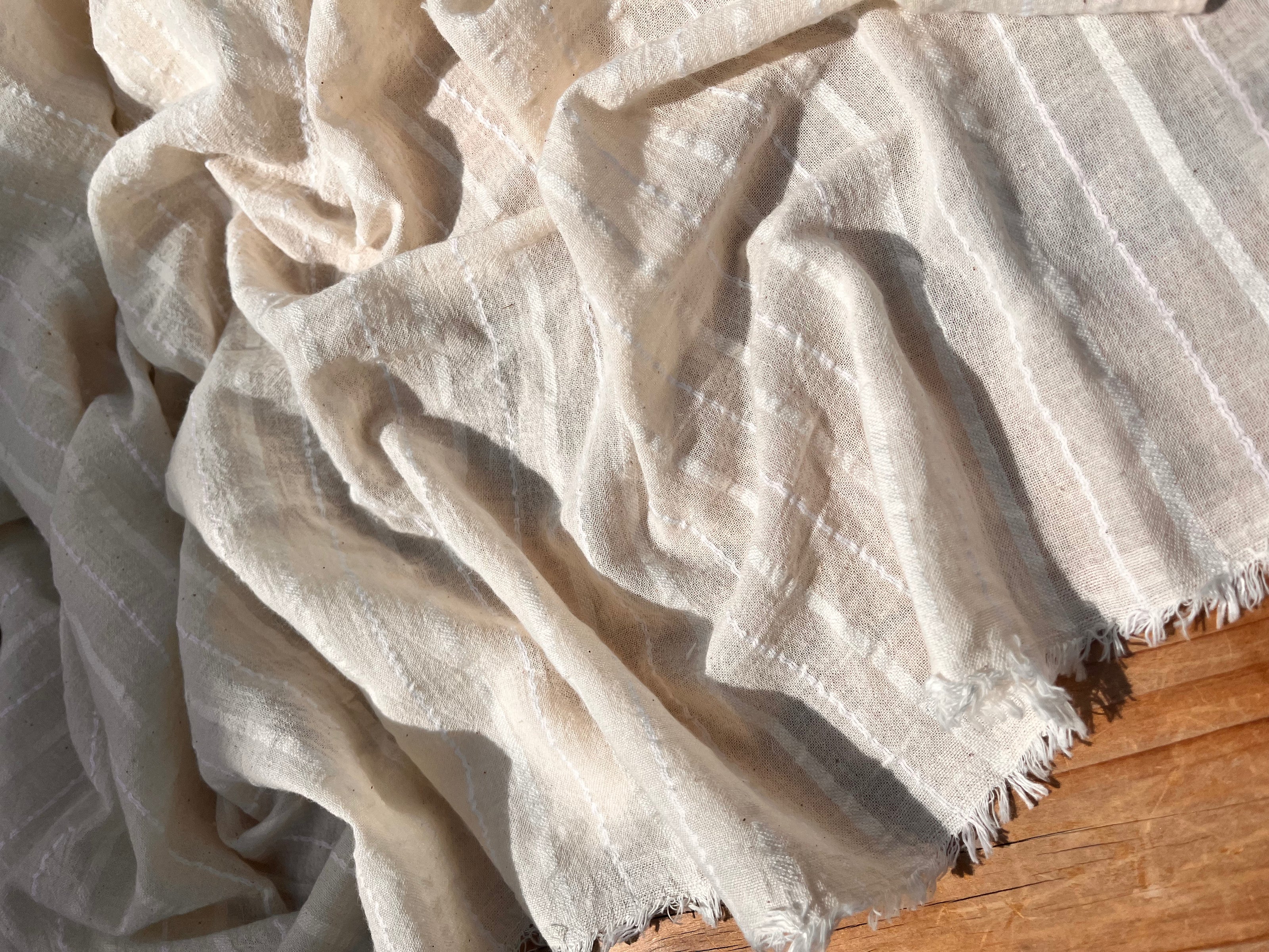 White Pin Striped Neutral Organic Cotton Fabric By The Meter.