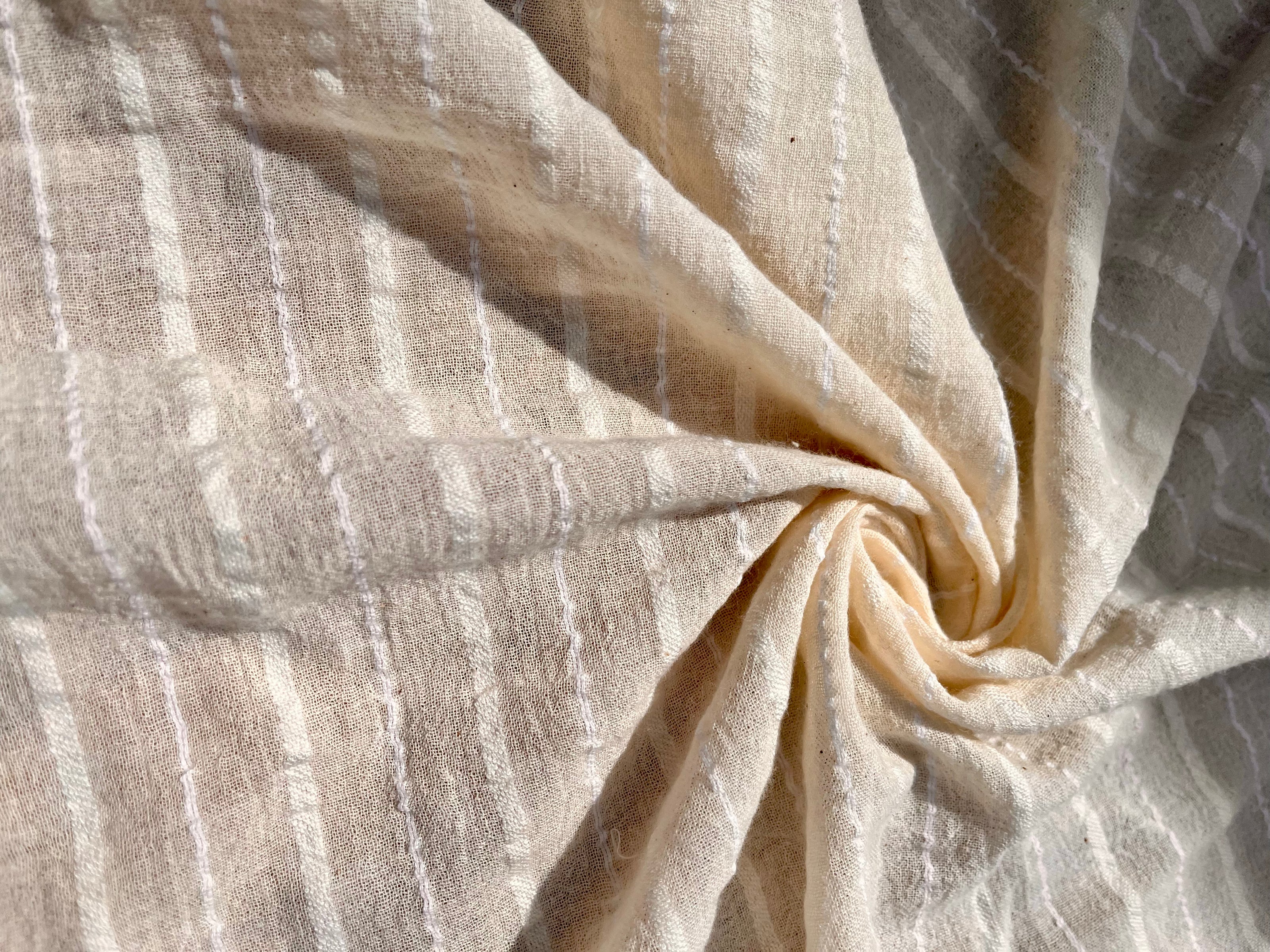 White Pin Striped Neutral Organic Cotton Fabric By The Meter.