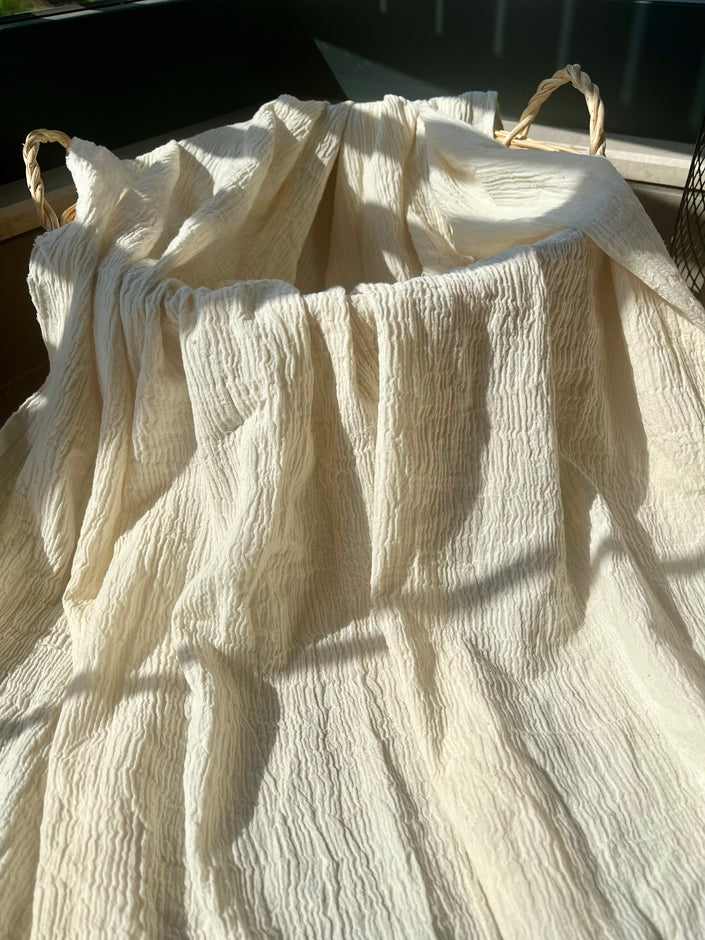 Neutral Stretchy Crinkle Cotton Fabric, Textured Surface,Off White Ivory Cotton Fabric, Light Weight.