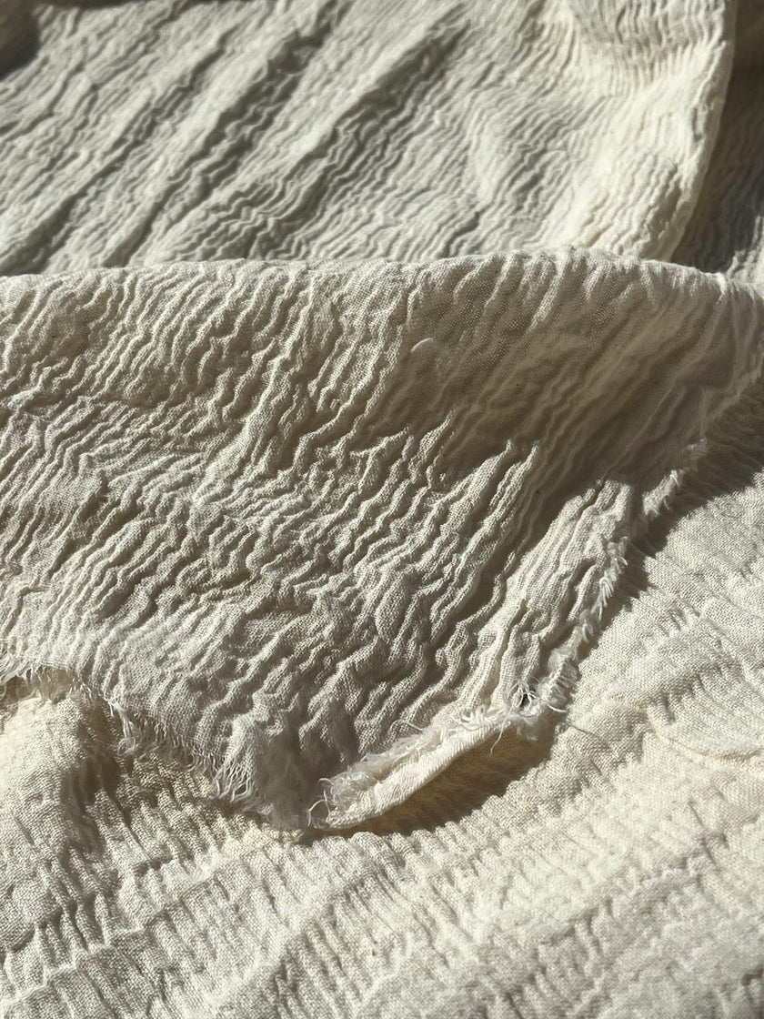 Neutral Stretchy Crinkle Cotton Fabric, Textured Surface,Off White Ivory Cotton Fabric, Light Weight.
