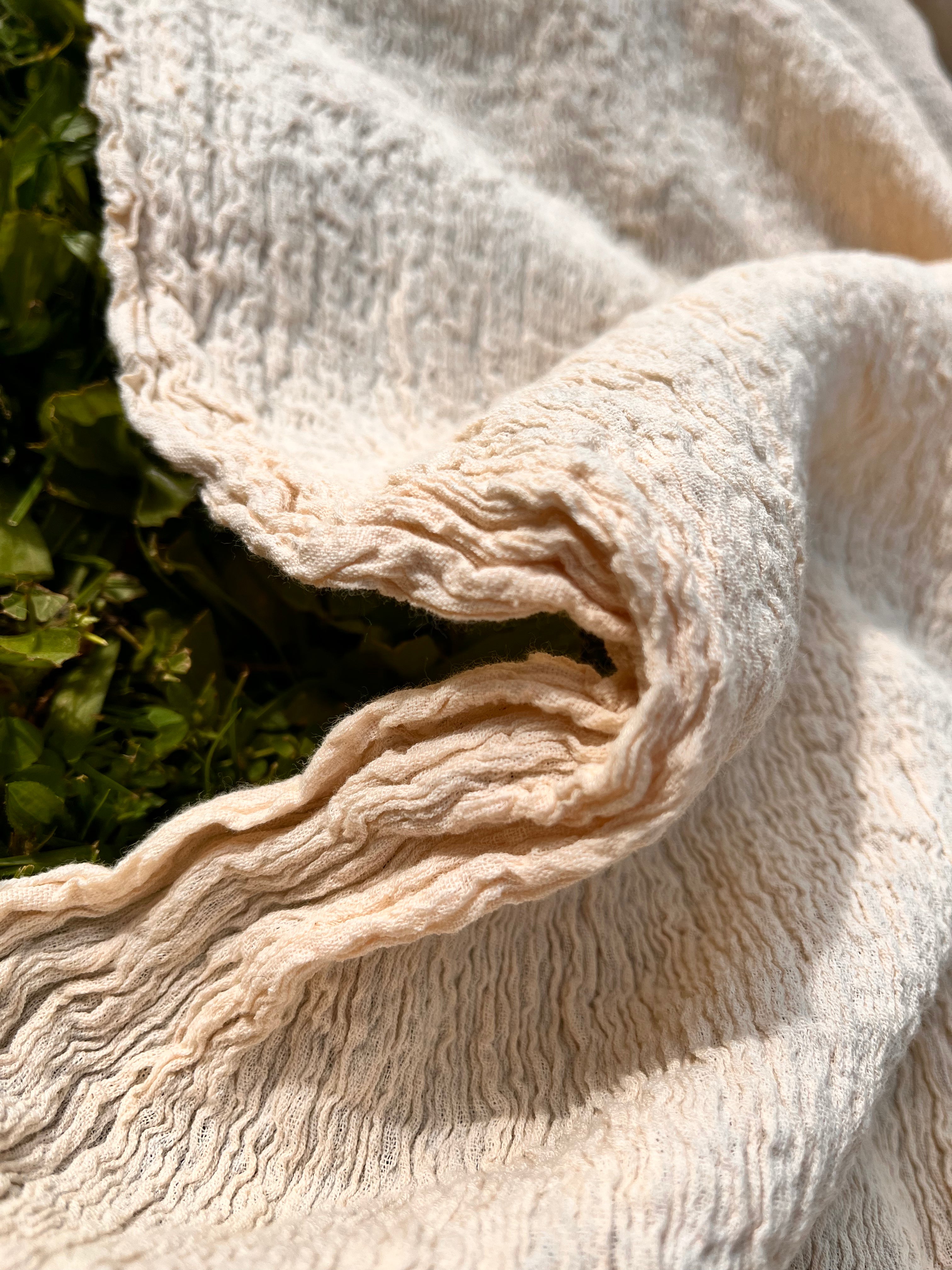 Neutral Stretchy Crinkle Cotton Fabric, Textured Surface, Off White Handwoven.