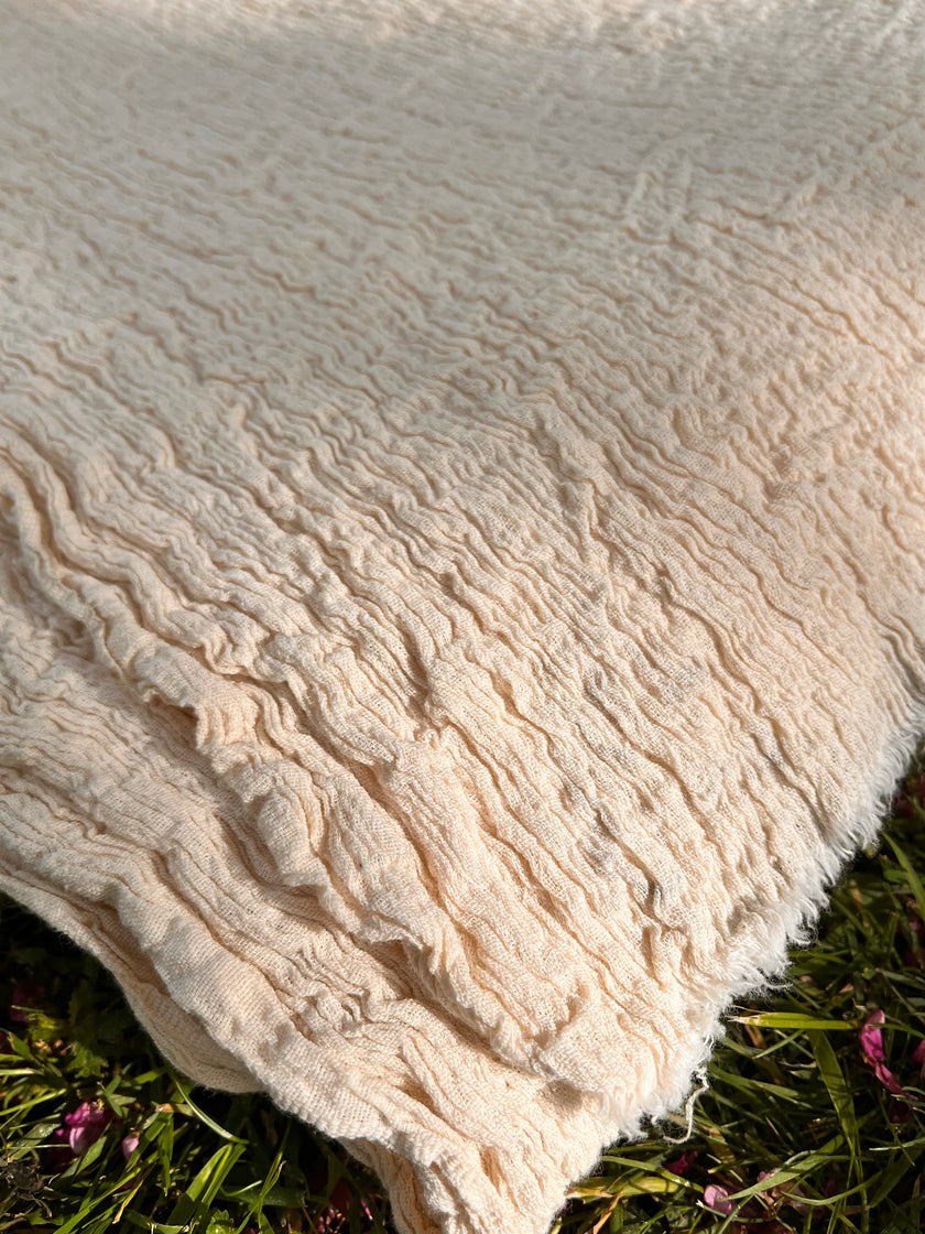 Neutral Stretchy Crinkle Cotton Fabric, Textured Surface, Off White Handwoven.