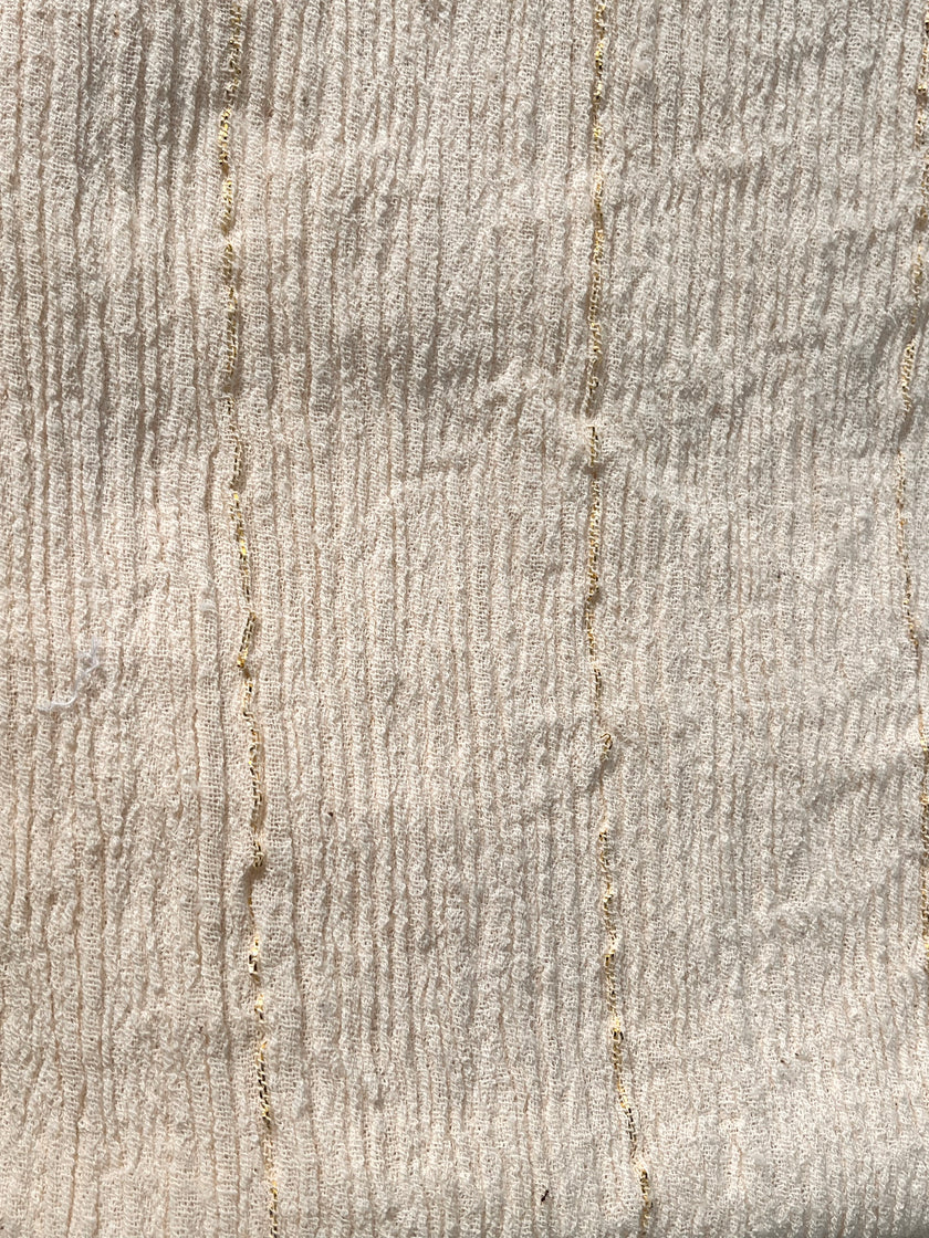 Neutral Stretchy Crinkle Cotton Fabric, Textured Surface, Off White Handwoven Cotton With Glitter Stripes.