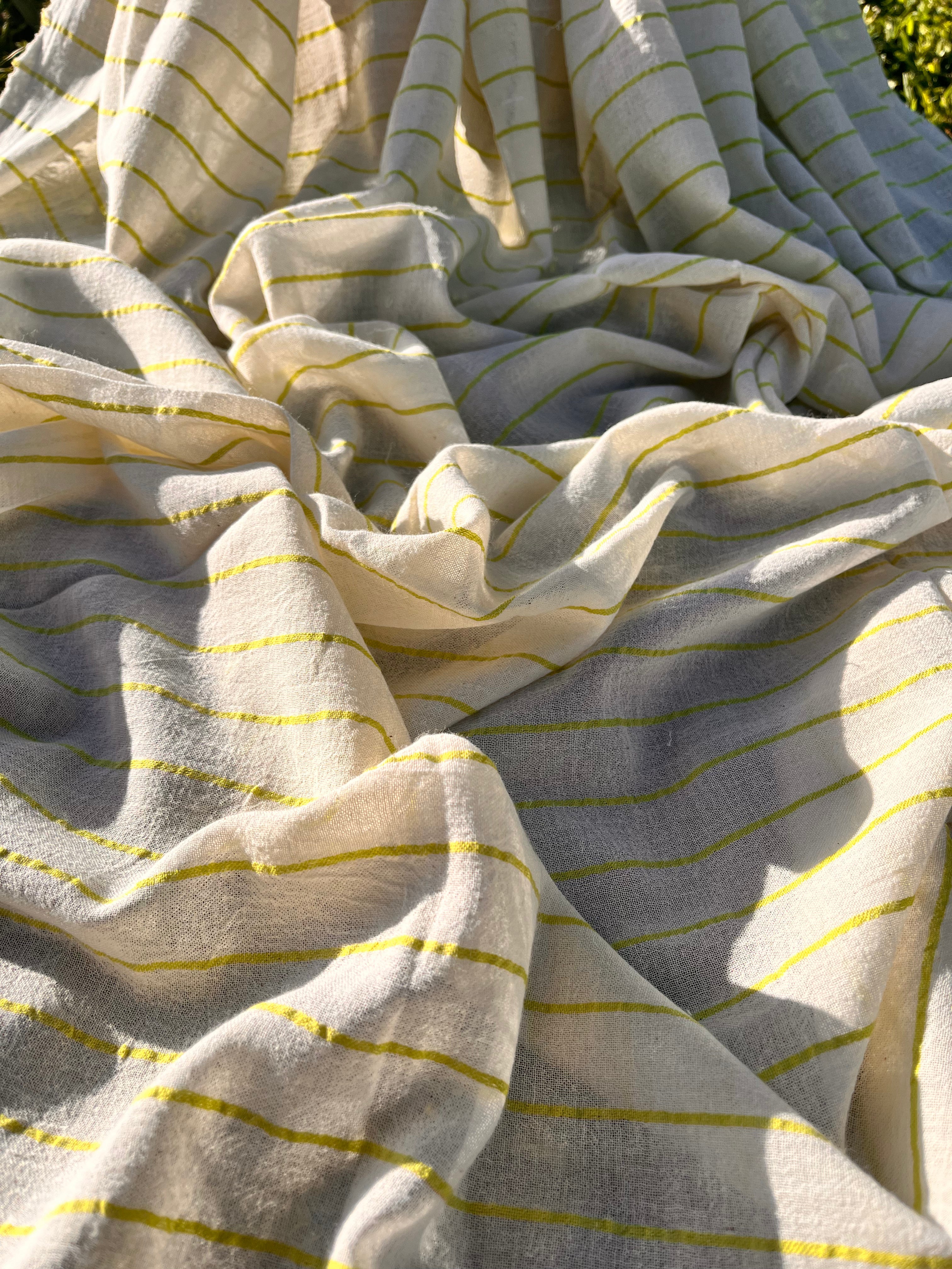 Green Striped Neutral Organic Cotton Fabric By The Meter.