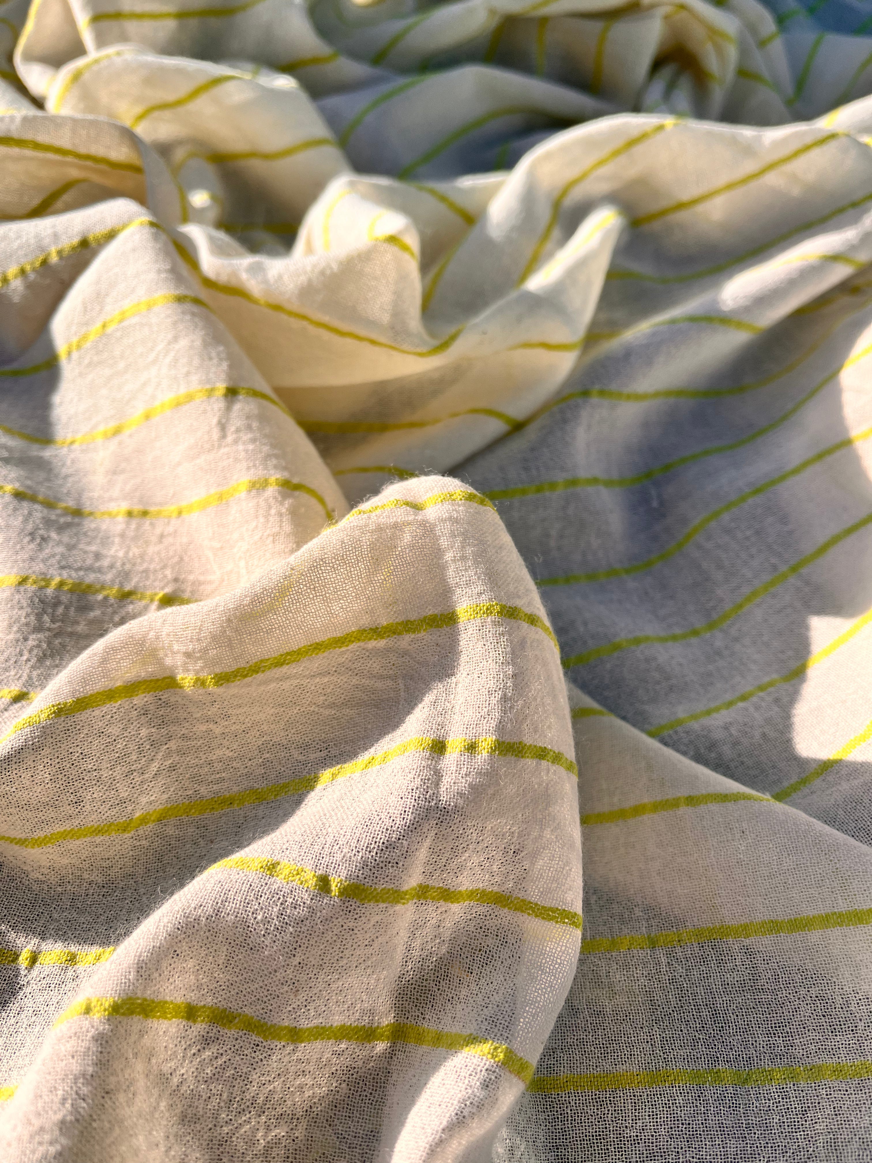 Green Striped Neutral Organic Cotton Fabric By The Meter.