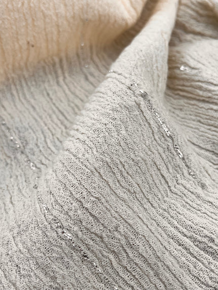Neutral Stretchy Crinkle Cotton Fabric, Textured Surface Silver Glitter Stripes.