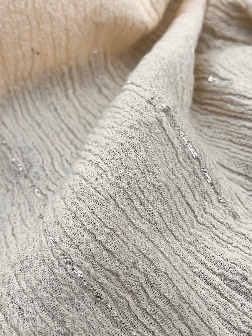 Neutral Stretchy Crinkle Cotton Fabric, Textured Surface Silver Glitter Stripes.