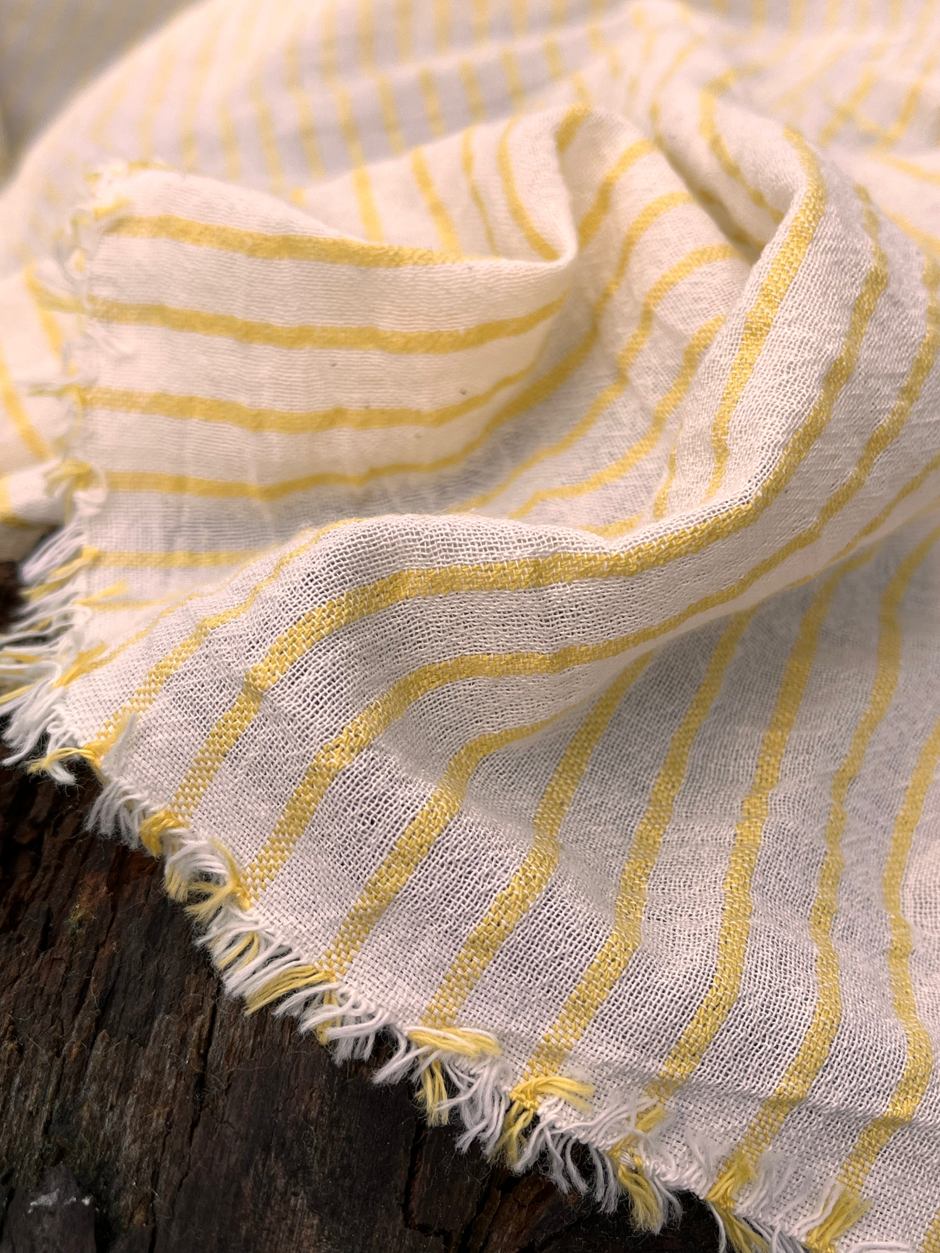 Yellow Striped Organic Cotton Fabric By The Meter, Crinkle Fabric With Pin Stripes.
