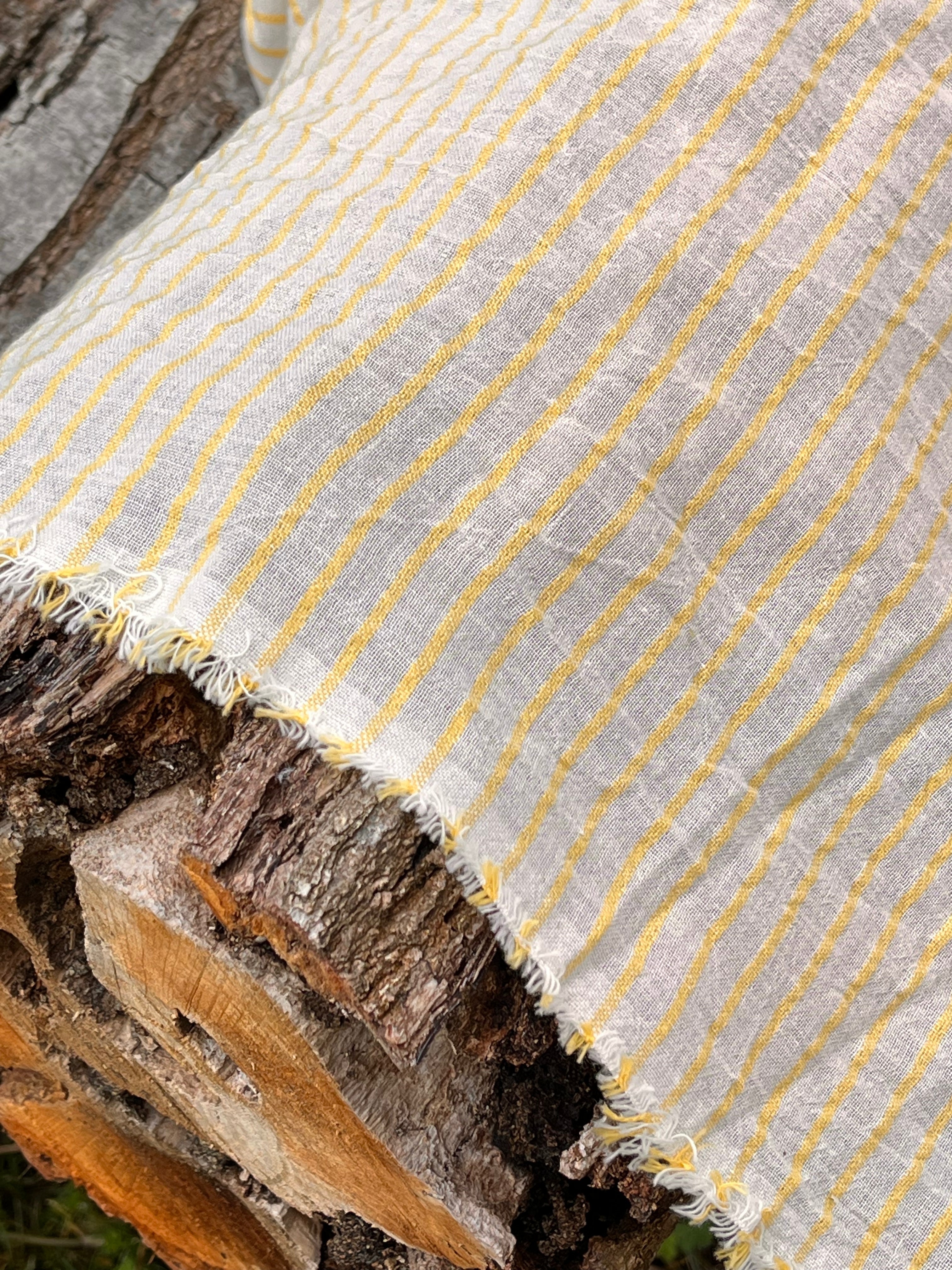 Yellow Striped Organic Cotton Fabric By The Meter, Crinkle Fabric With Pin Stripes.