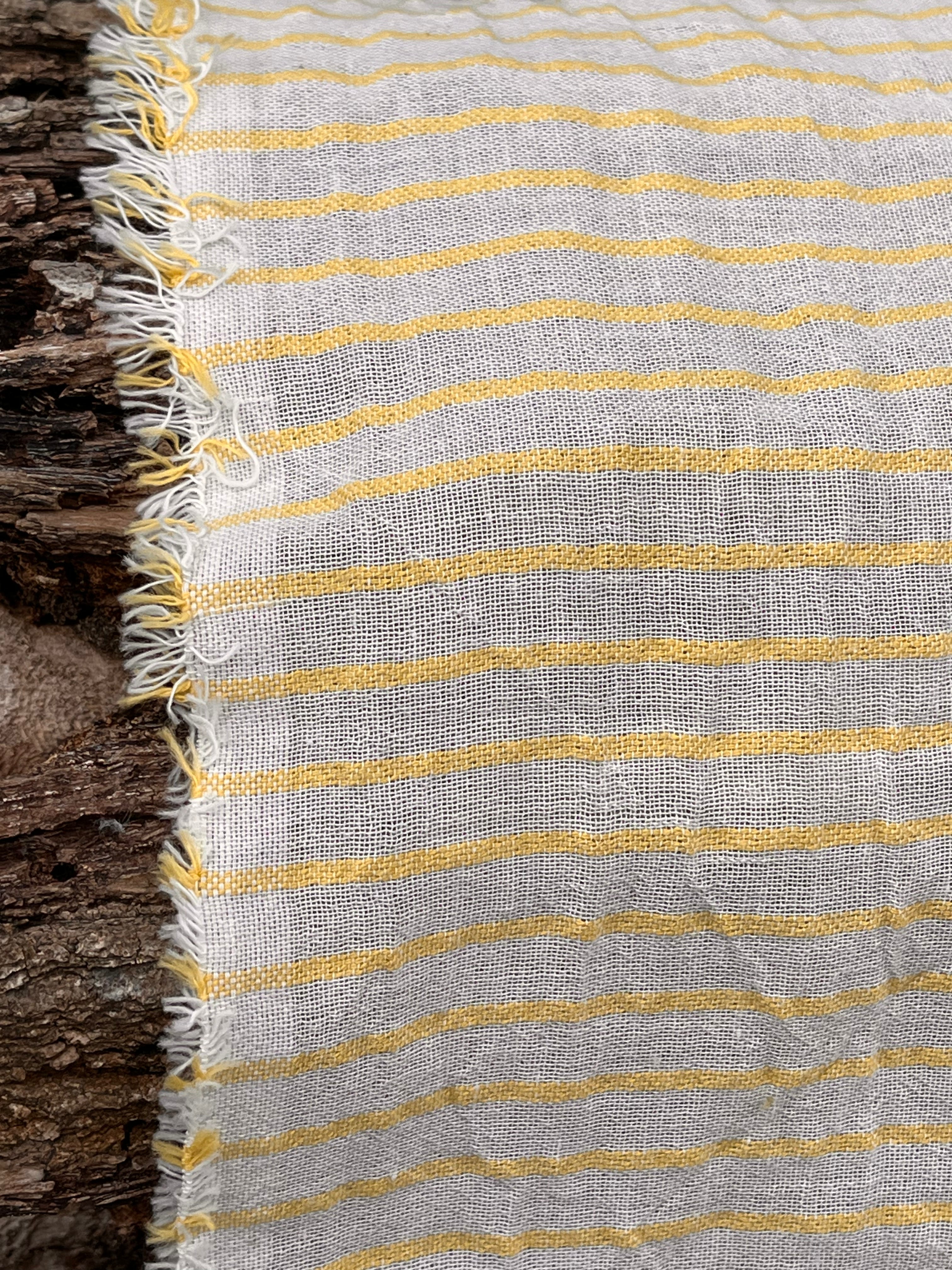 Yellow Striped Organic Cotton Fabric By The Meter, Crinkle Fabric With Pin Stripes.