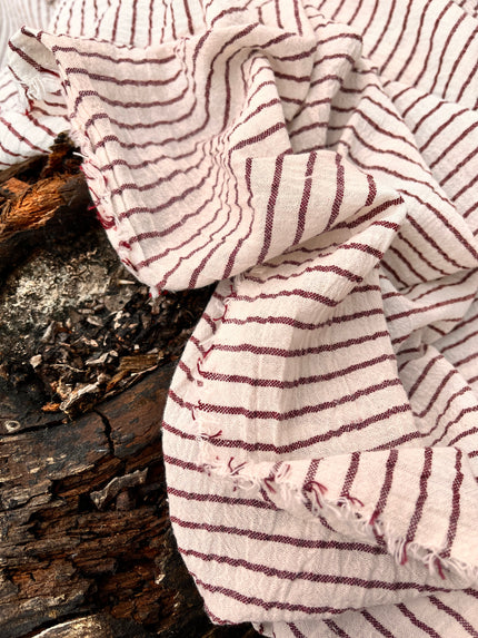 Dark Red Striped Neutral Organic Cotton Fabric By The Meter.