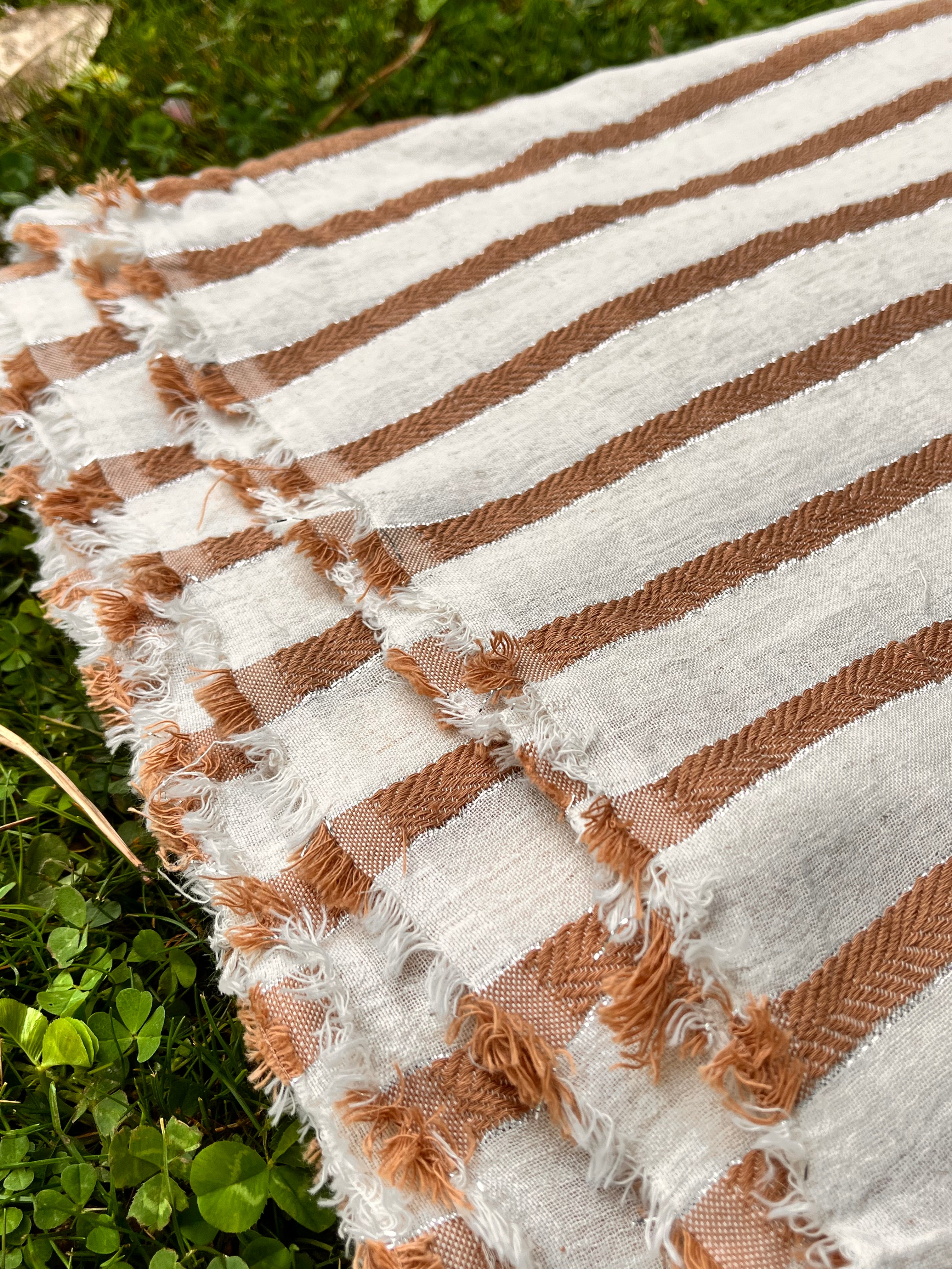 Herringbone Striped Neutral Organic Cotton Double Face Fabric By The Meter.