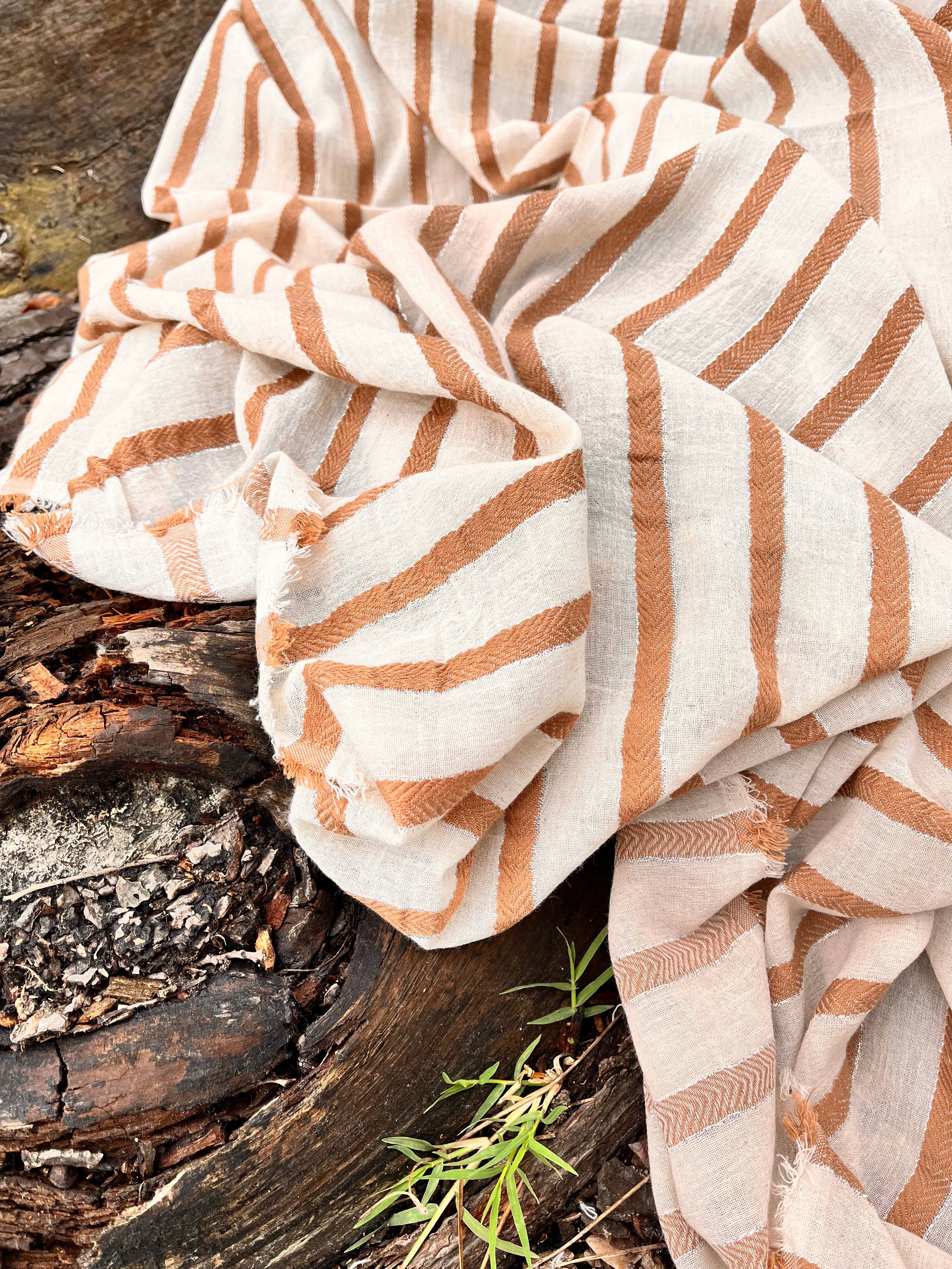 Herringbone Striped Neutral Organic Cotton Double Face Fabric By The Meter.