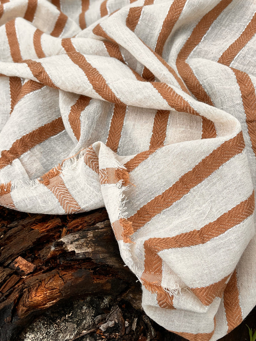 Herringbone Striped Neutral Organic Cotton Double Face Fabric By The Meter.