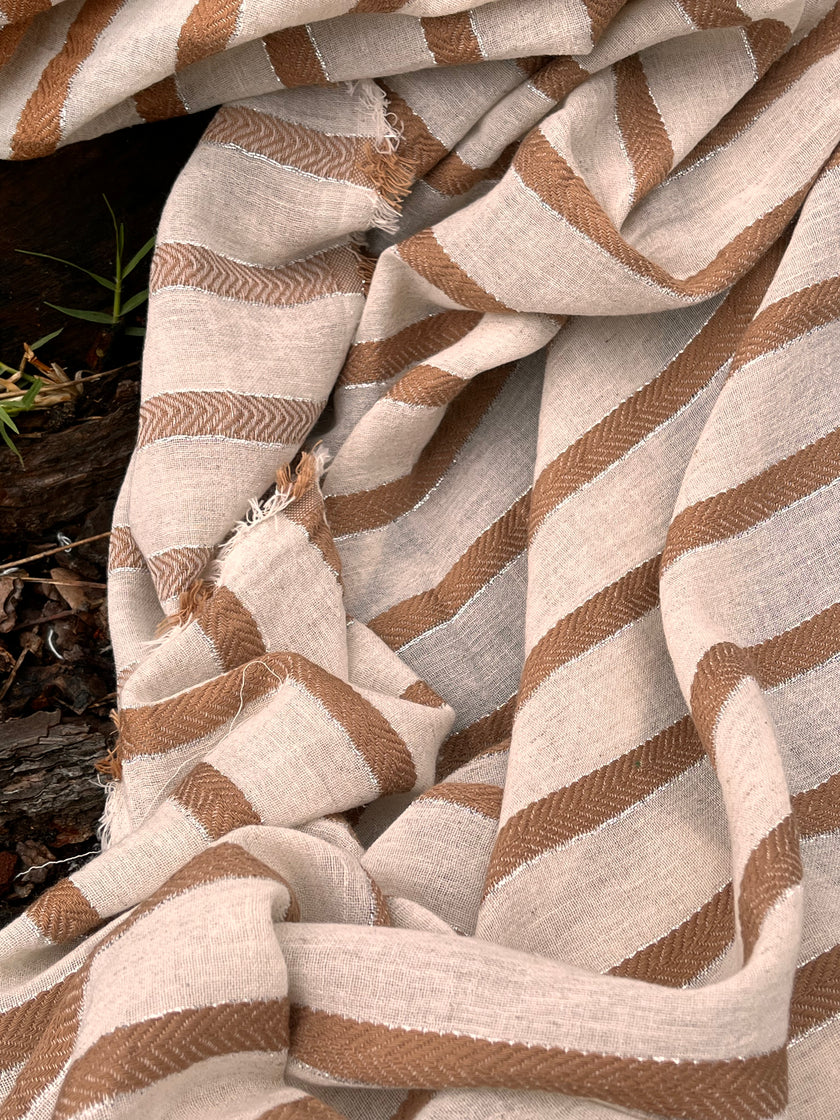 Herringbone Striped Neutral Organic Cotton Double Face Fabric By The Meter.