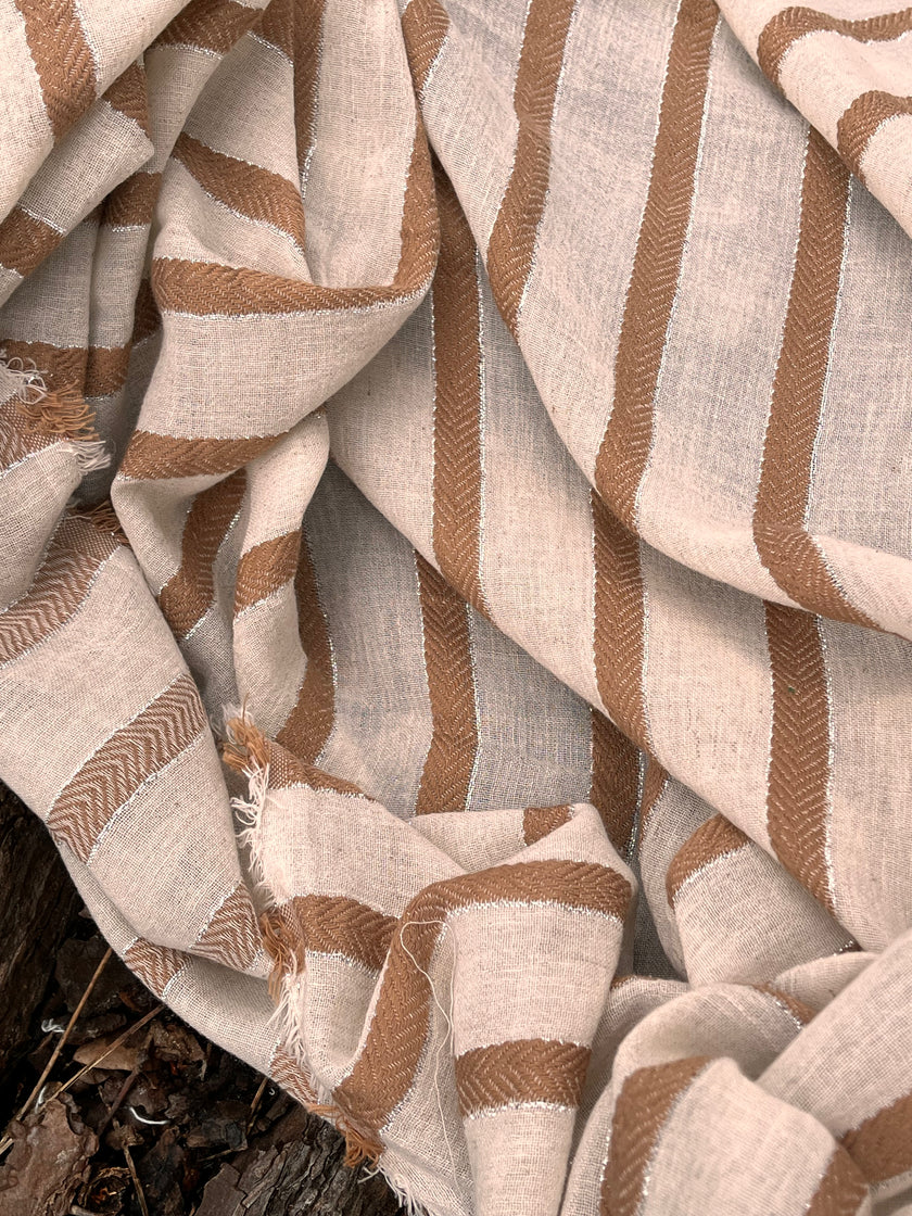 Herringbone Striped Neutral Organic Cotton Double Face Fabric By The Meter.