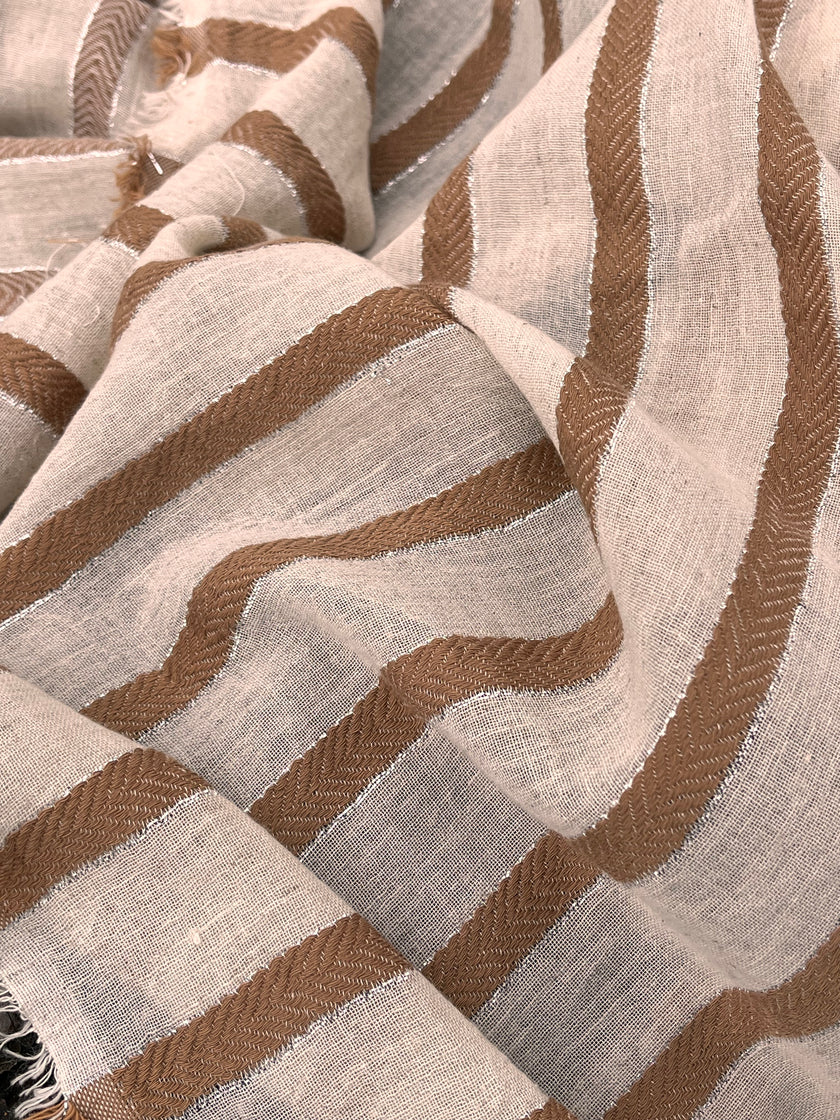 Herringbone Striped Neutral Organic Cotton Double Face Fabric By The Meter.