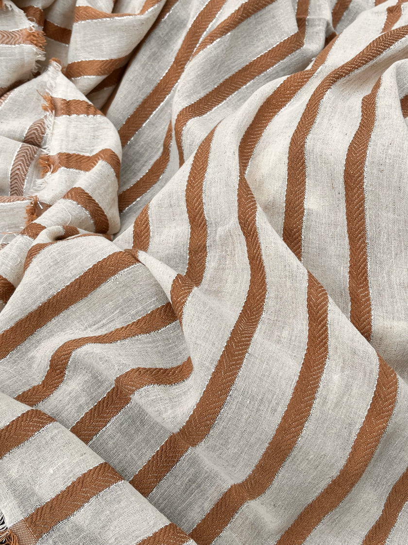 Herringbone Striped Neutral Organic Cotton Double Face Fabric By The Meter.