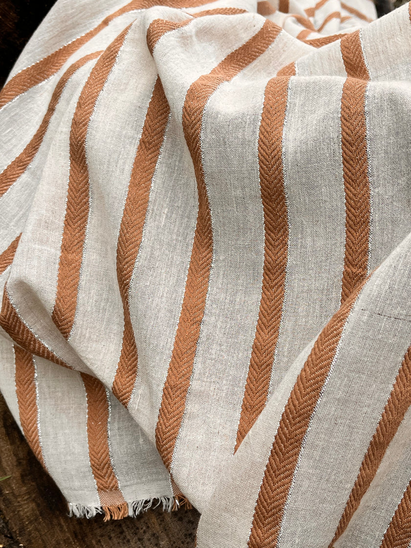 Herringbone Striped Neutral Organic Cotton Double Face Fabric By The Meter.