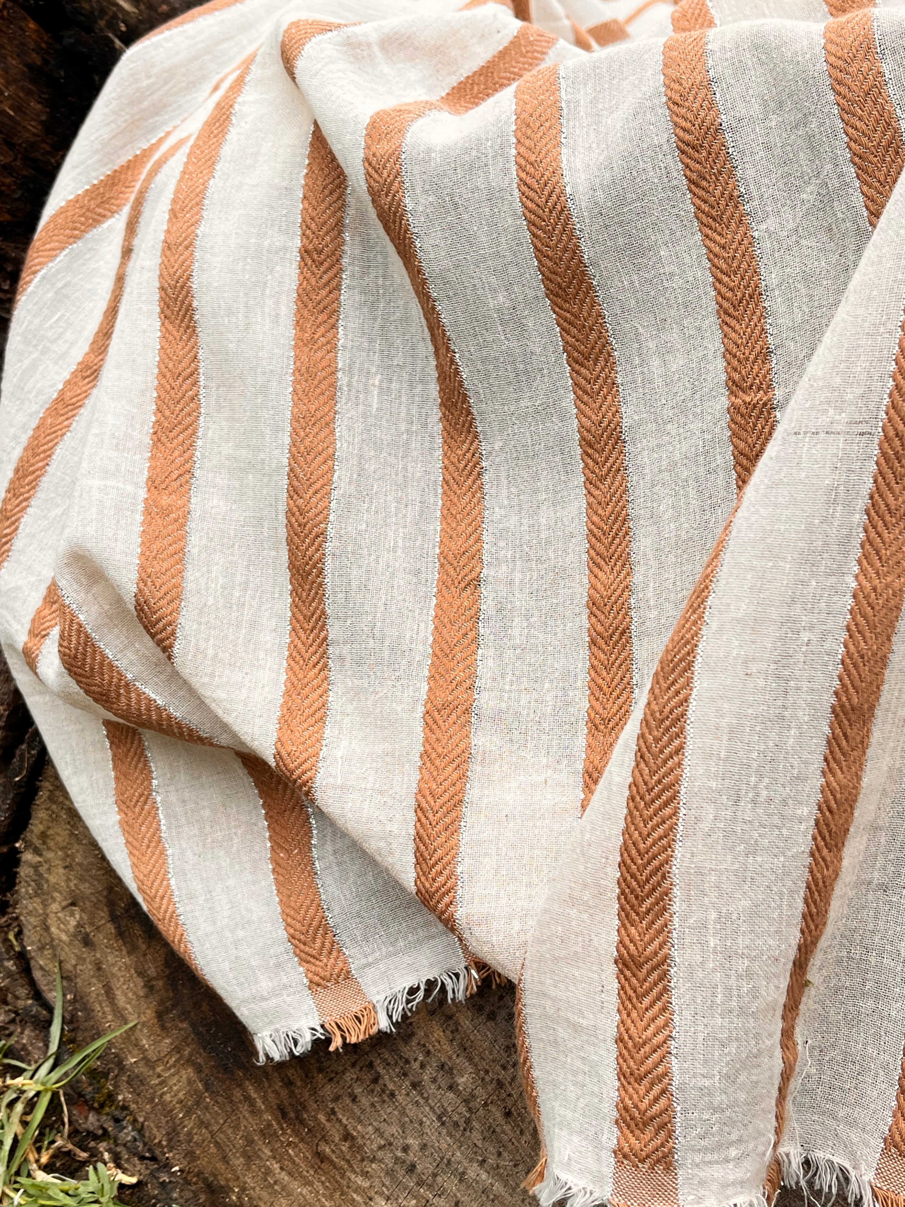 Herringbone Striped Neutral Organic Cotton Double Face Fabric By The Meter.