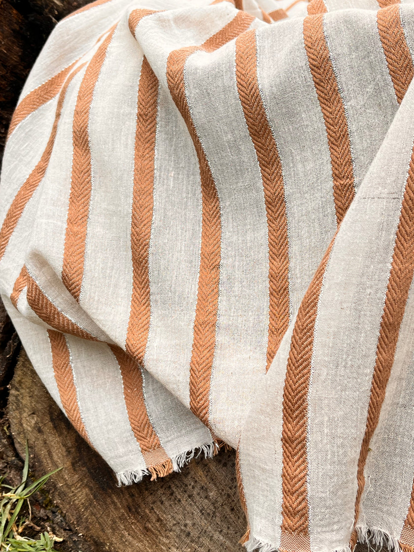 Herringbone Striped Neutral Organic Cotton Double Face Fabric By The Meter.