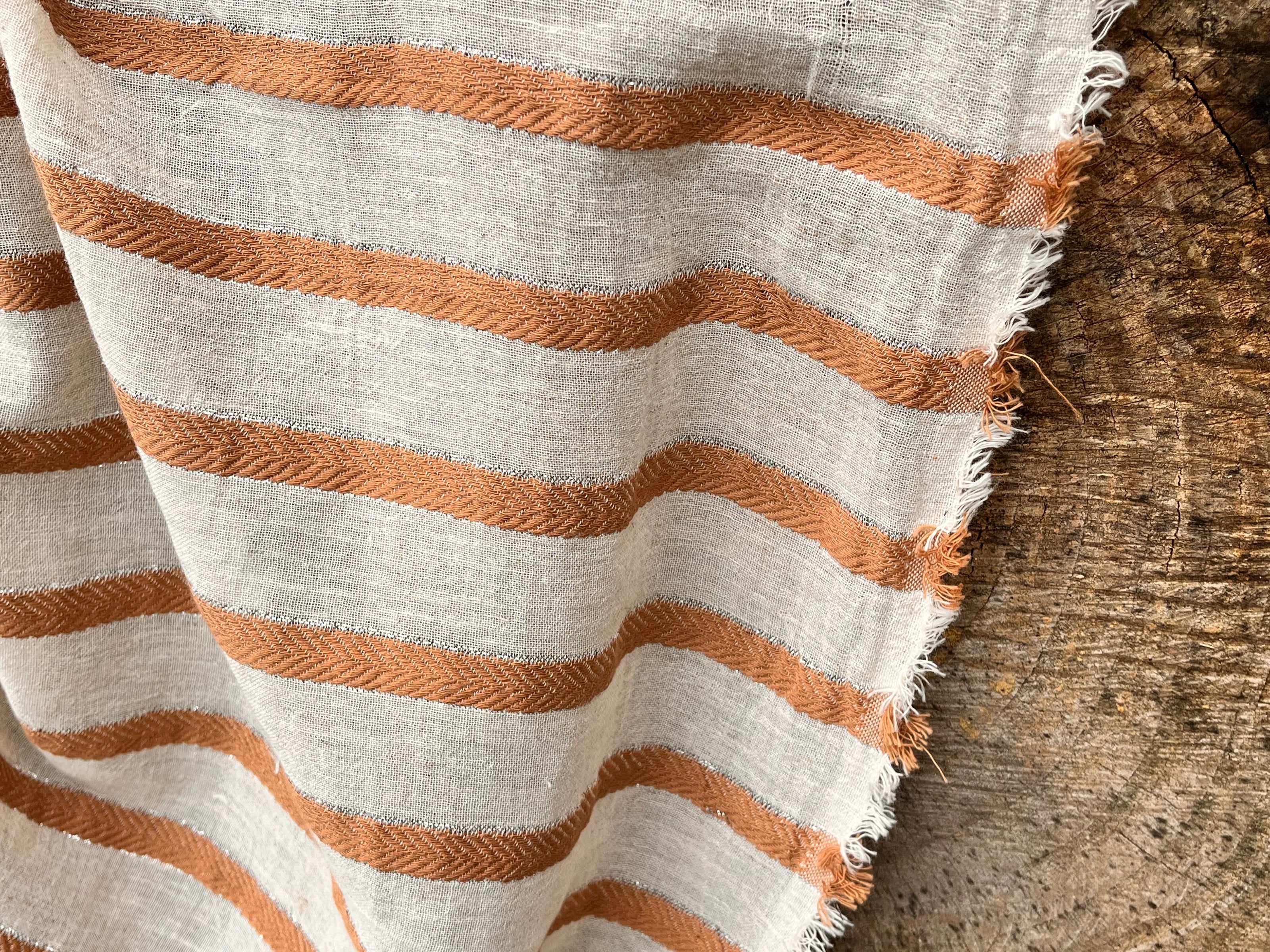 Herringbone Striped Neutral Organic Cotton Double Face Fabric By The Meter.
