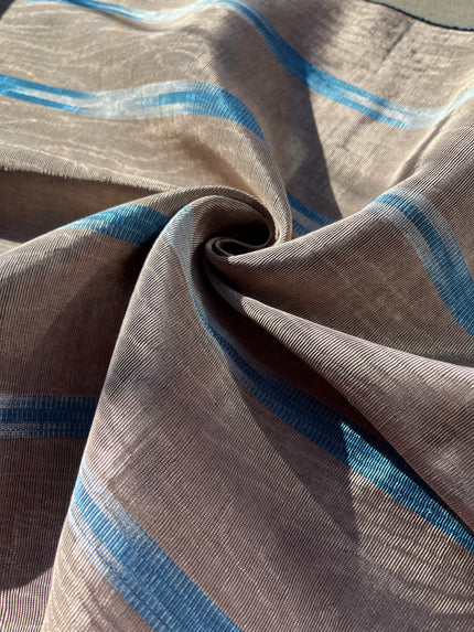 Bronze Silk Moiré Fabric with Blue Ikat Stripes
