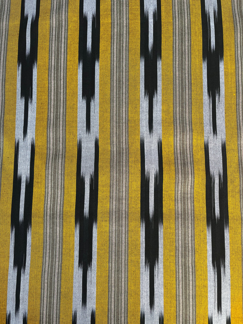Yellow Ikat Striped Luxurious Silk Upholstery For Ottoman Headboard, Home Textile Interior Fabrics: Pillow Covers, Kimono-inspired Designs.
