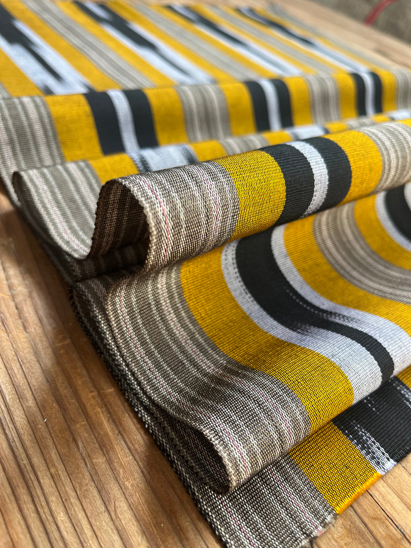 Yellow Ikat Striped Luxurious Silk Upholstery For Ottoman Headboard, Home Textile Interior Fabrics: Pillow Covers, Kimono-inspired Designs.