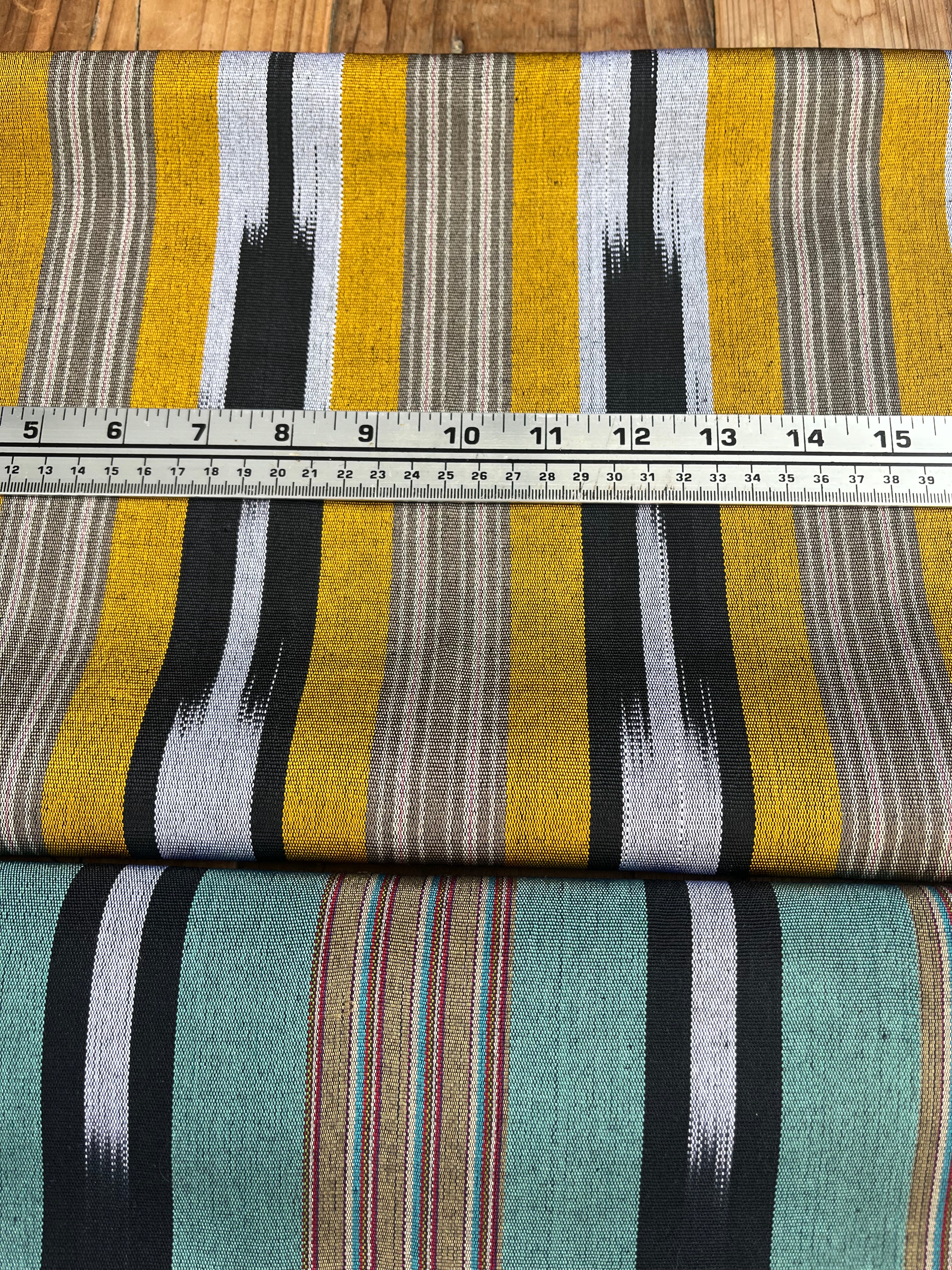 Yellow Ikat Striped Luxurious Silk Upholstery For Ottoman Headboard, Home Textile Interior Fabrics: Pillow Covers, Kimono-inspired Designs.