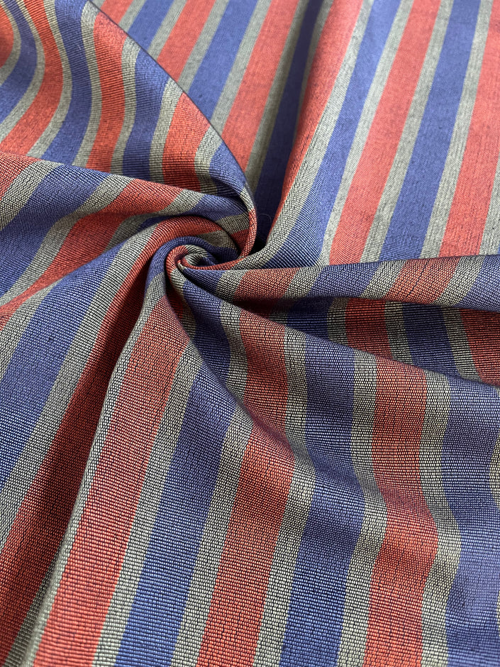Blue-Red Striped Silk Fabric, Kutnu Fabric By The Meter.