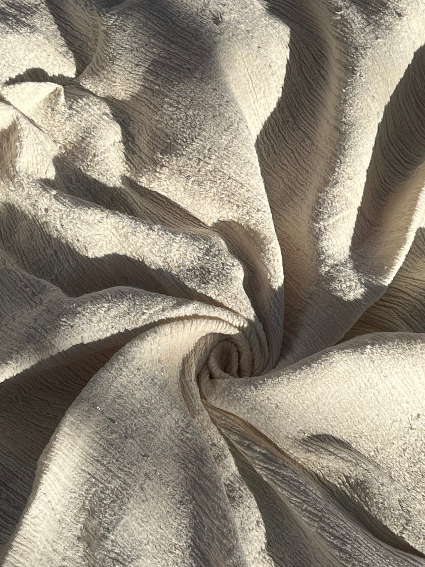 Neutral Stretchy Crinkle Cotton Fabric, Textured Surface Silver Glitter Stripes.