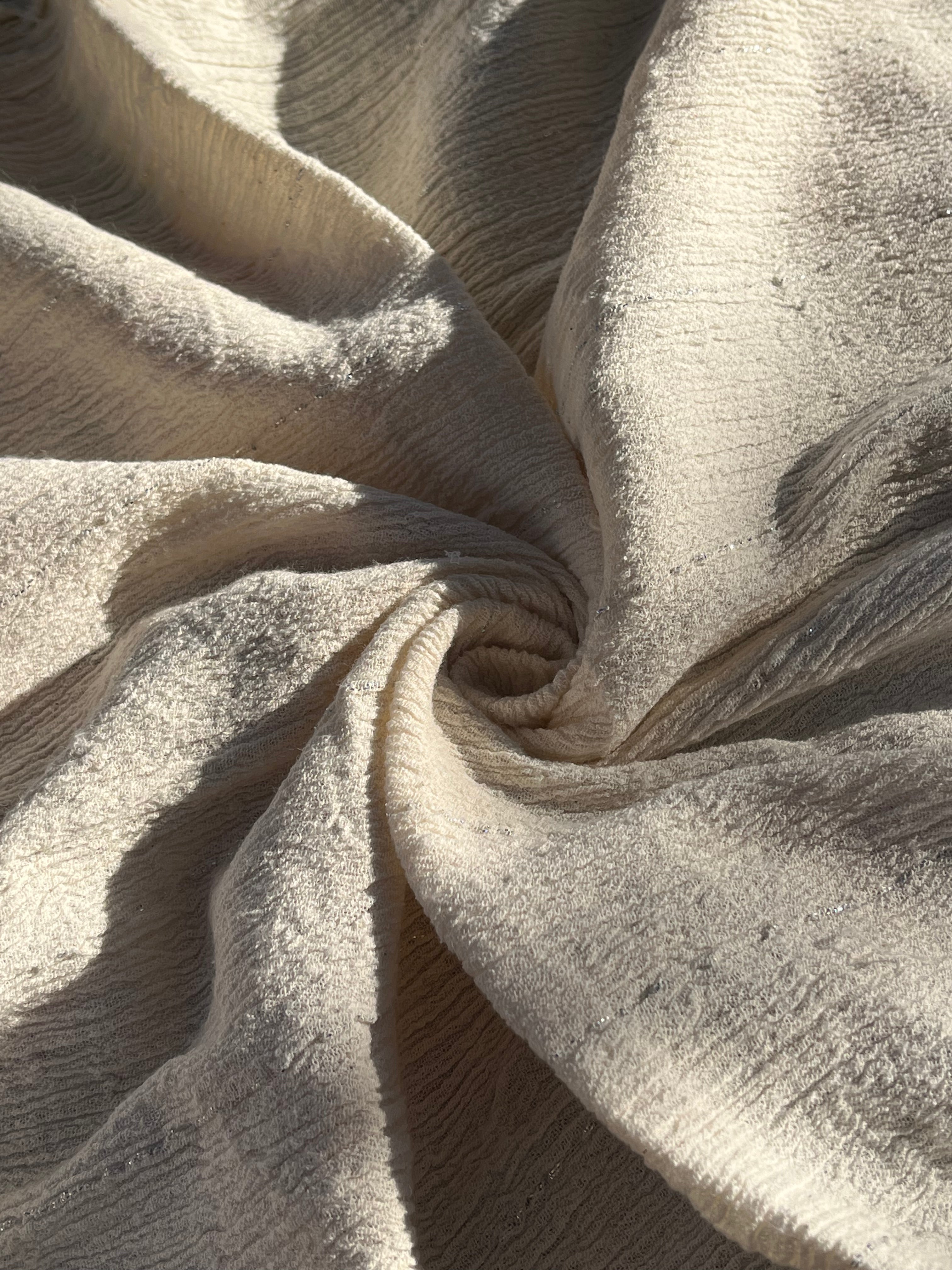 Neutral Stretchy Crinkle Cotton Fabric, Textured Surface Silver Glitter Stripes.