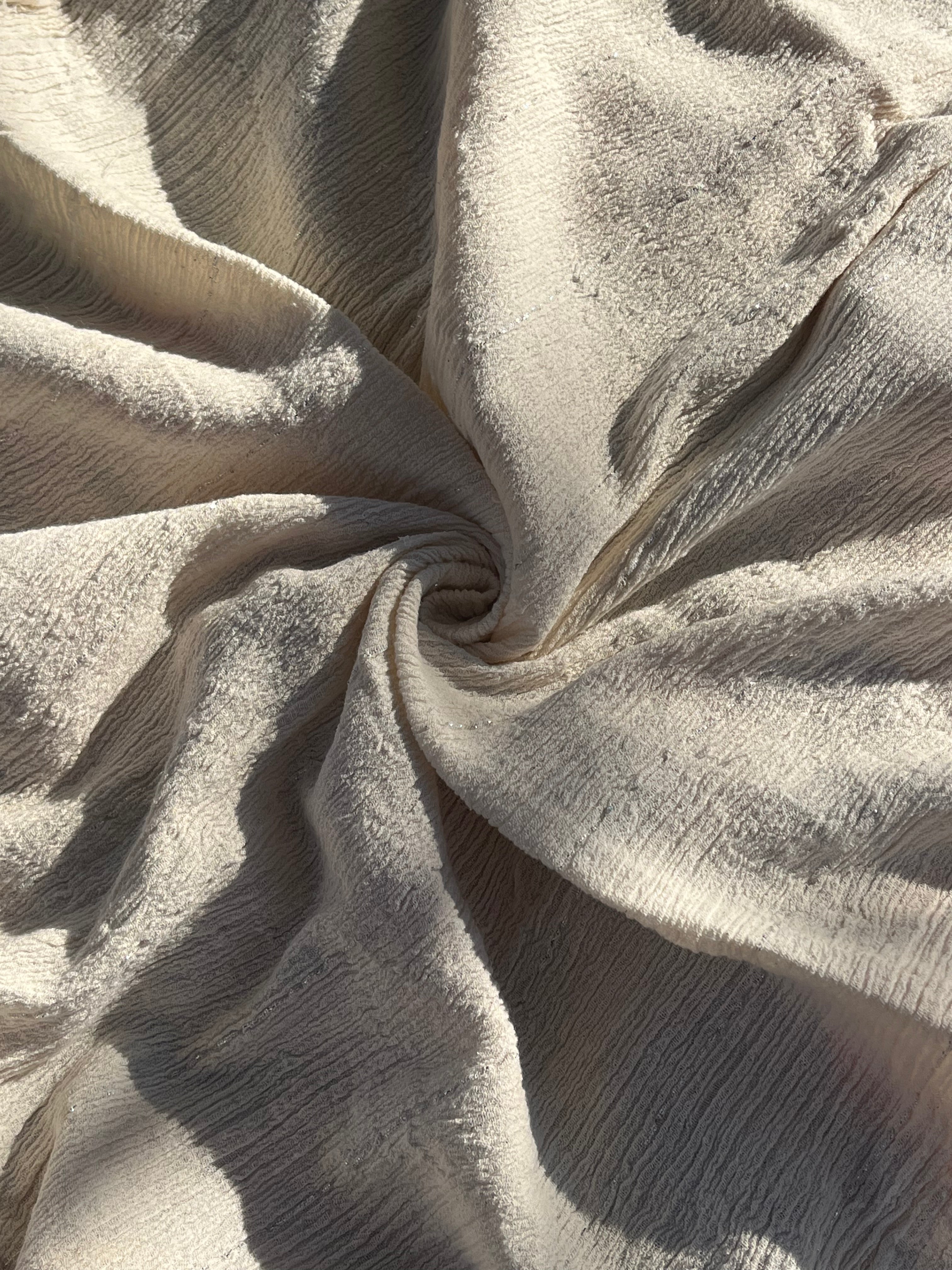 Neutral Stretchy Crinkle Cotton Fabric, Textured Surface Silver Glitter Stripes.