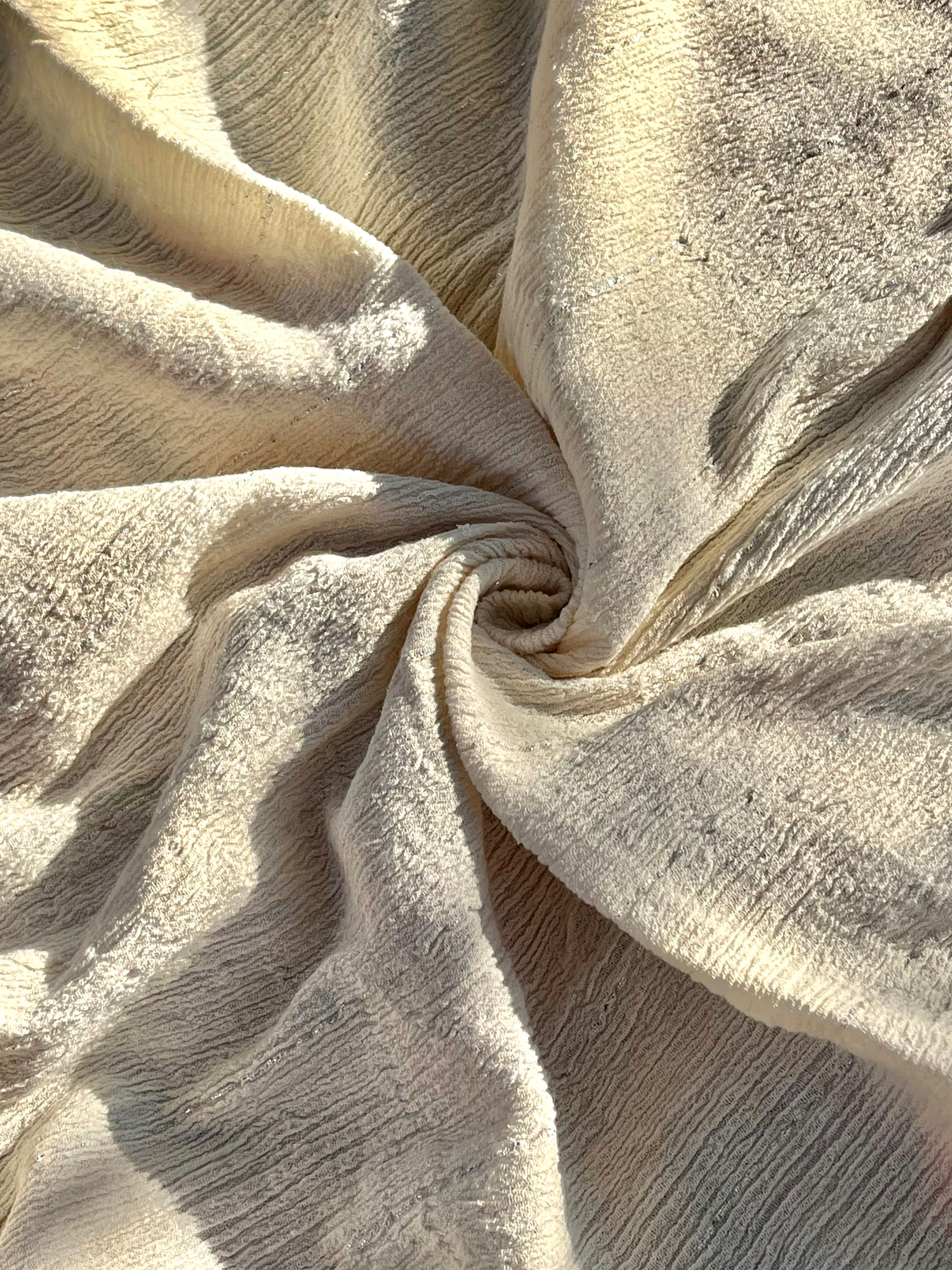 Neutral Stretchy Crinkle Cotton Fabric, Textured Surface Silver Glitter Stripes.