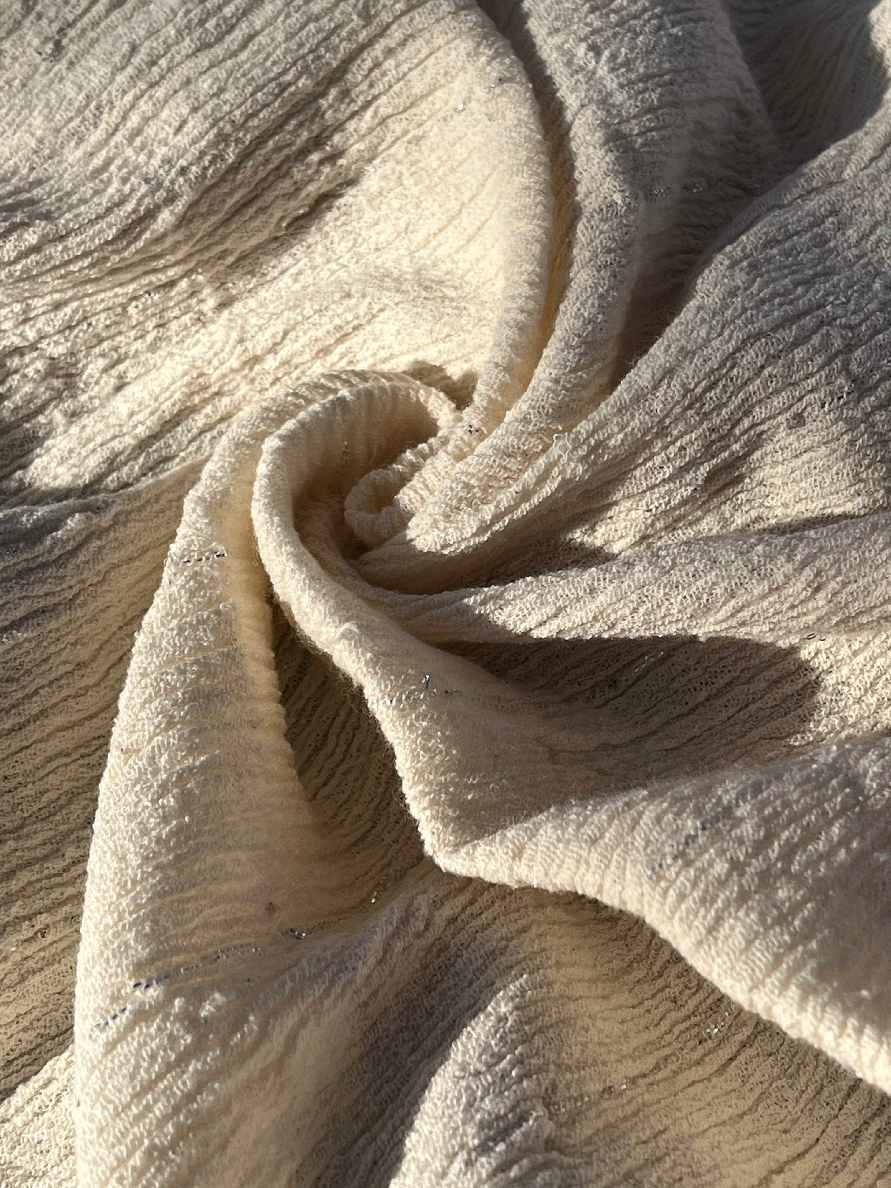 Neutral Stretchy Crinkle Cotton Fabric, Textured Surface Silver Glitter Stripes.
