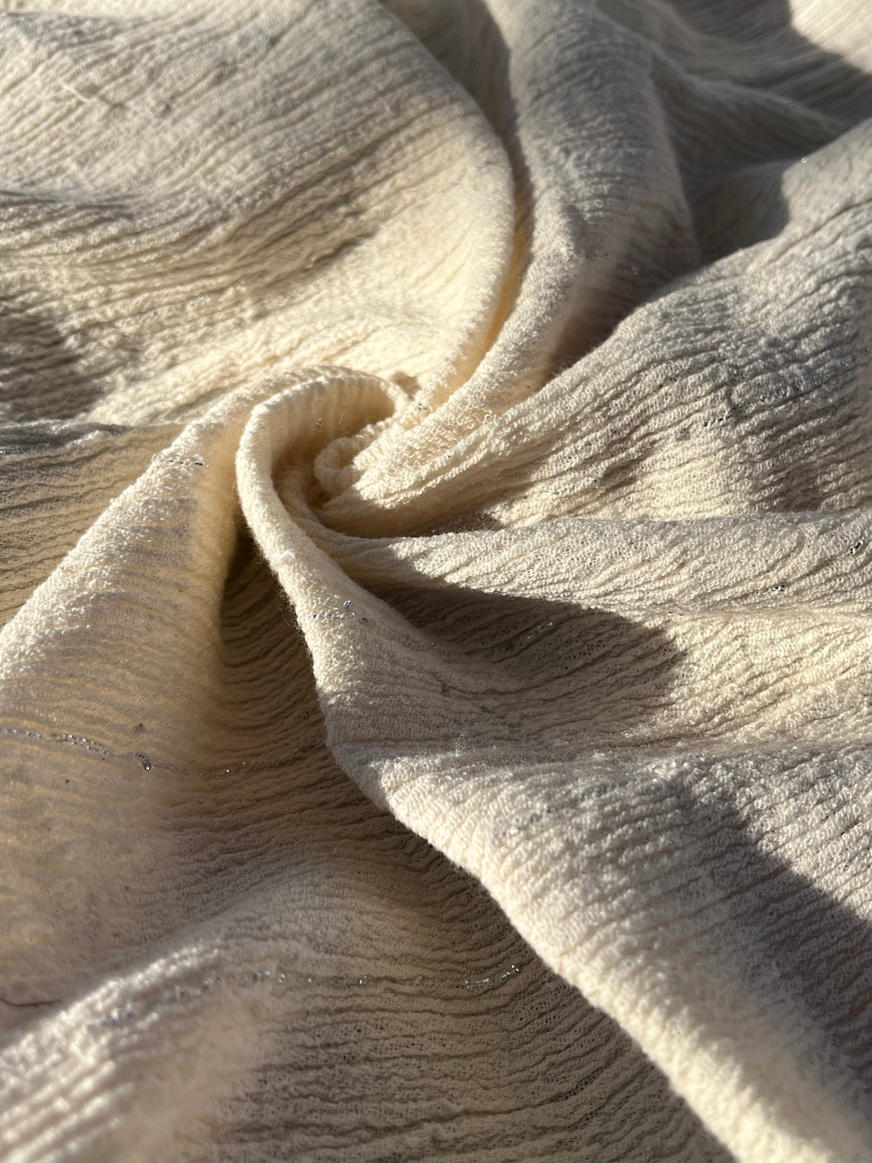 Neutral Stretchy Crinkle Cotton Fabric, Textured Surface Silver Glitter Stripes.