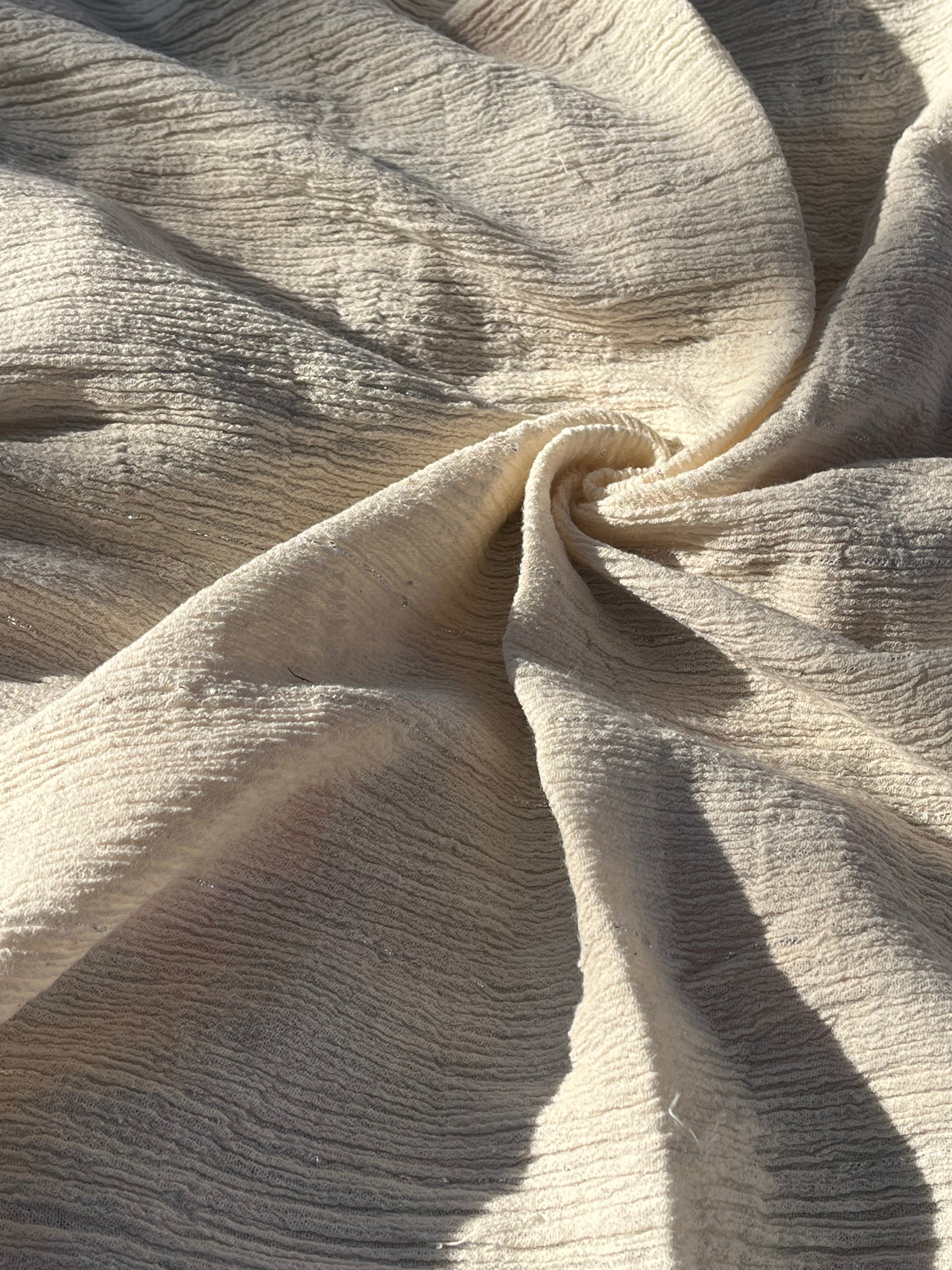 Neutral Stretchy Crinkle Cotton Fabric, Textured Surface Silver Glitter Stripes.
