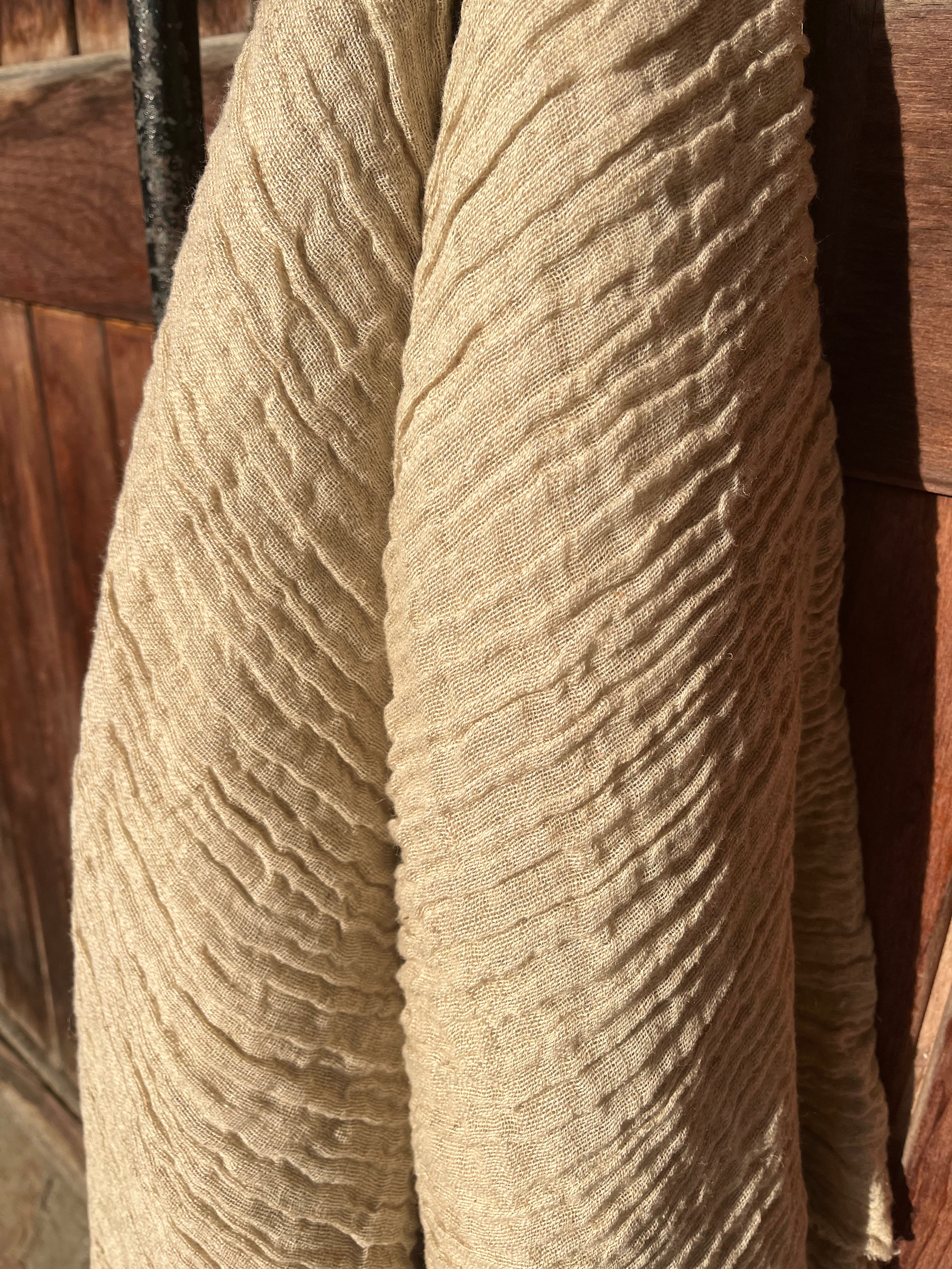 Neutral Stretchy Crinkle Linen Fabric, Textured Surface.