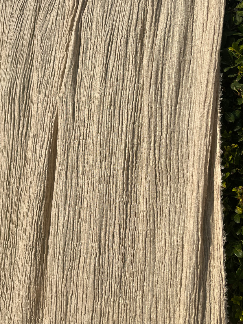 Neutral Stretchy Crinkle Linen Fabric, Textured Surface.