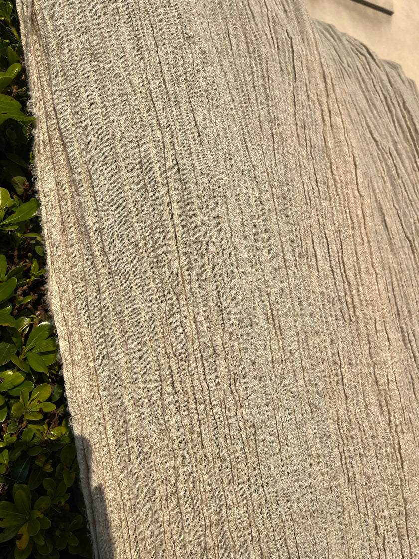 Neutral Stretchy Crinkle Linen Fabric, Textured Surface.