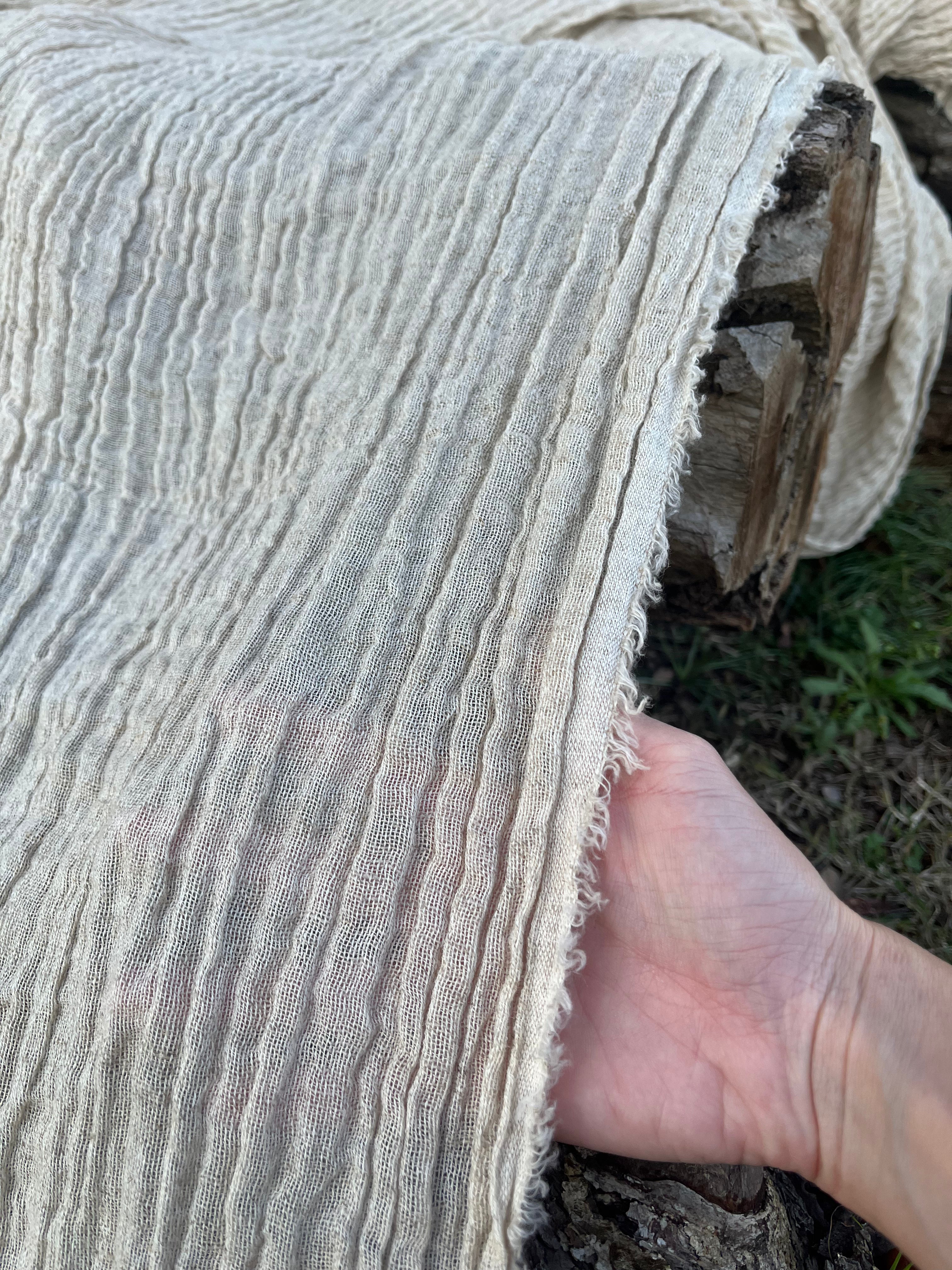 Neutral Stretchy Crinkle Linen Fabric, Textured Surface.