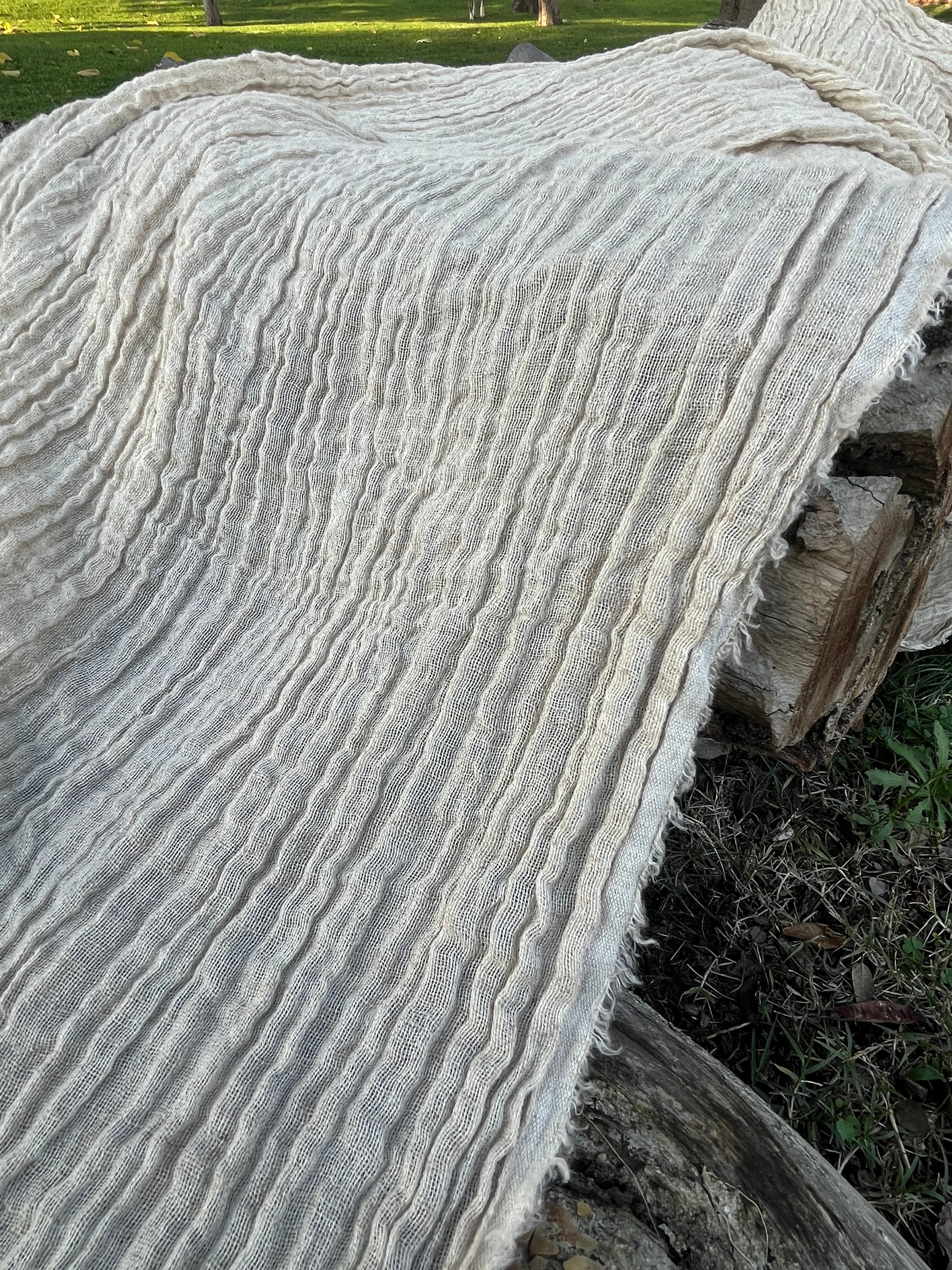 Neutral Stretchy Crinkle Linen Fabric, Textured Surface.