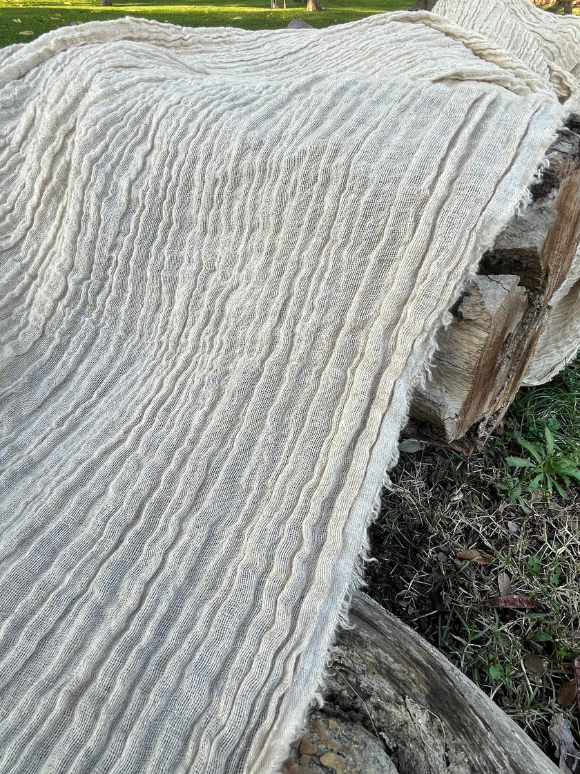 Neutral Stretchy Crinkle Linen Fabric, Textured Surface.