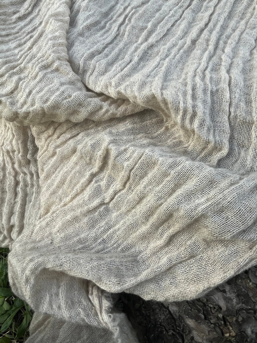 Neutral Stretchy Crinkle Linen Fabric, Textured Surface.