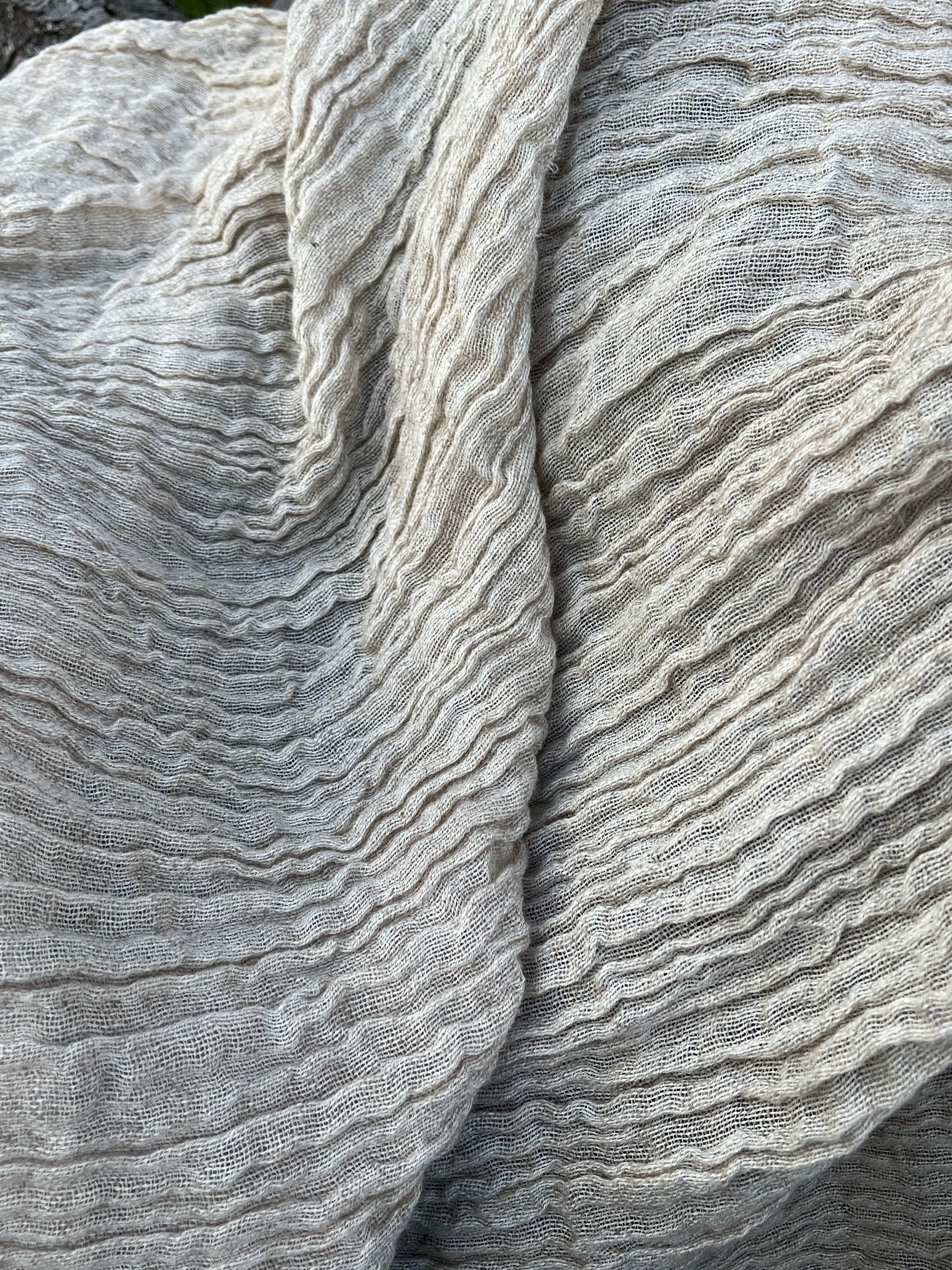 Neutral Stretchy Crinkle Linen Fabric, Textured Surface.