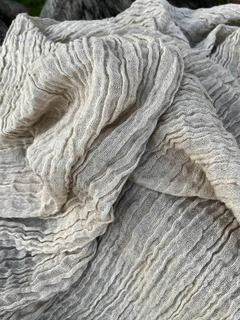Neutral Stretchy Crinkle Linen Fabric, Textured Surface.