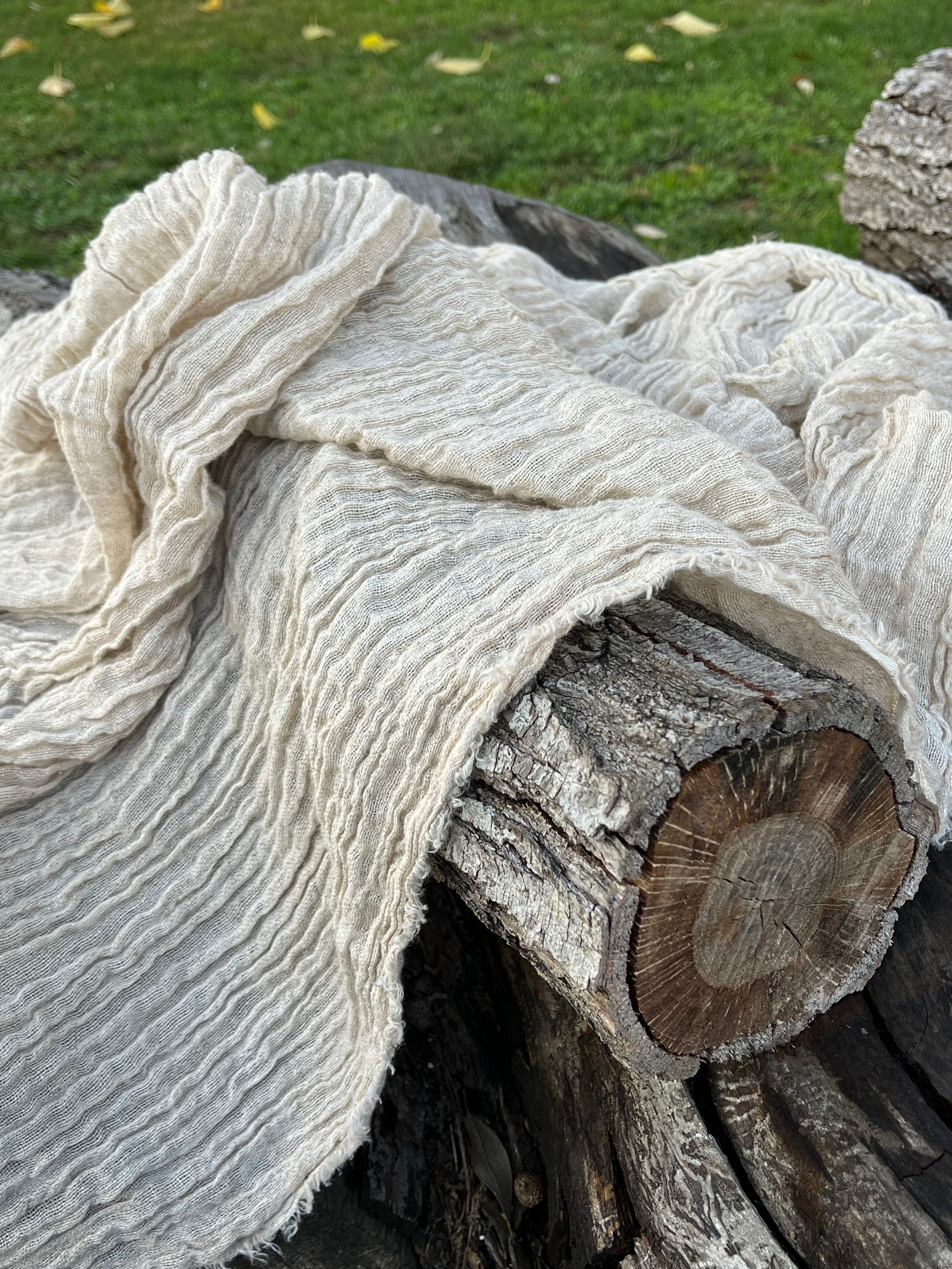 Neutral Stretchy Crinkle Linen Fabric, Textured Surface.