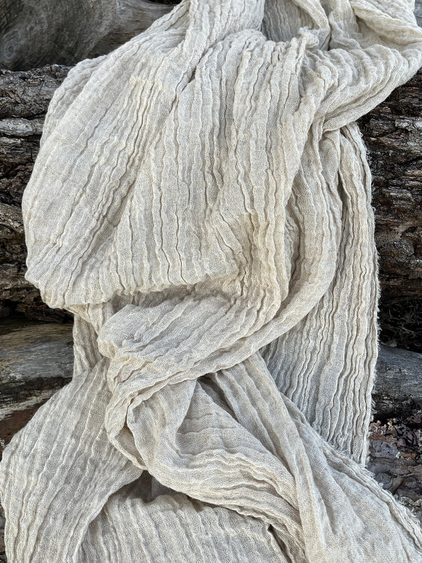Neutral Stretchy Crinkle Linen Fabric, Textured Surface.