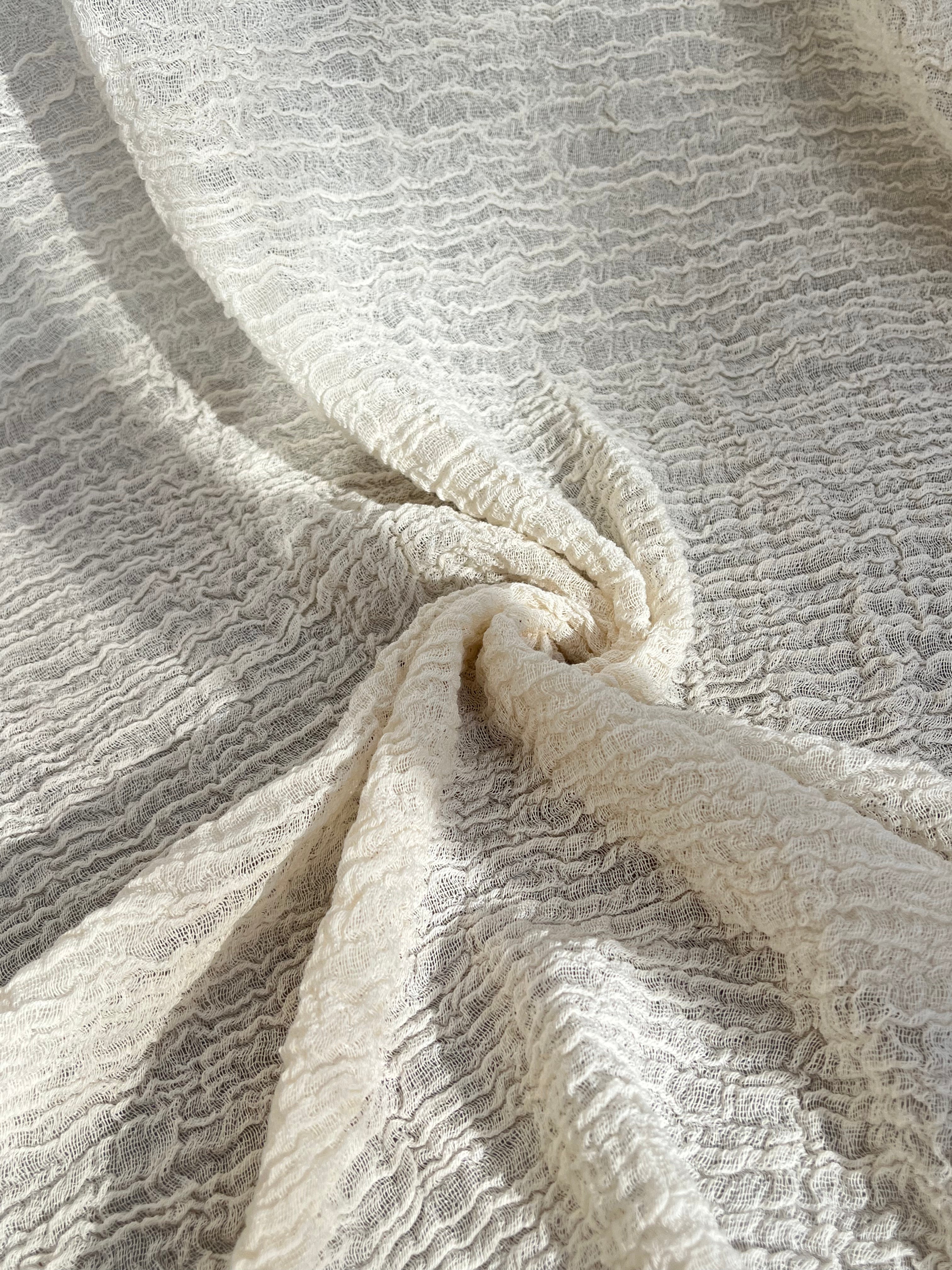 Stretchy Crinkle Cotton Fabric, Textured Surface, Black & Natural White & Butter Yellow